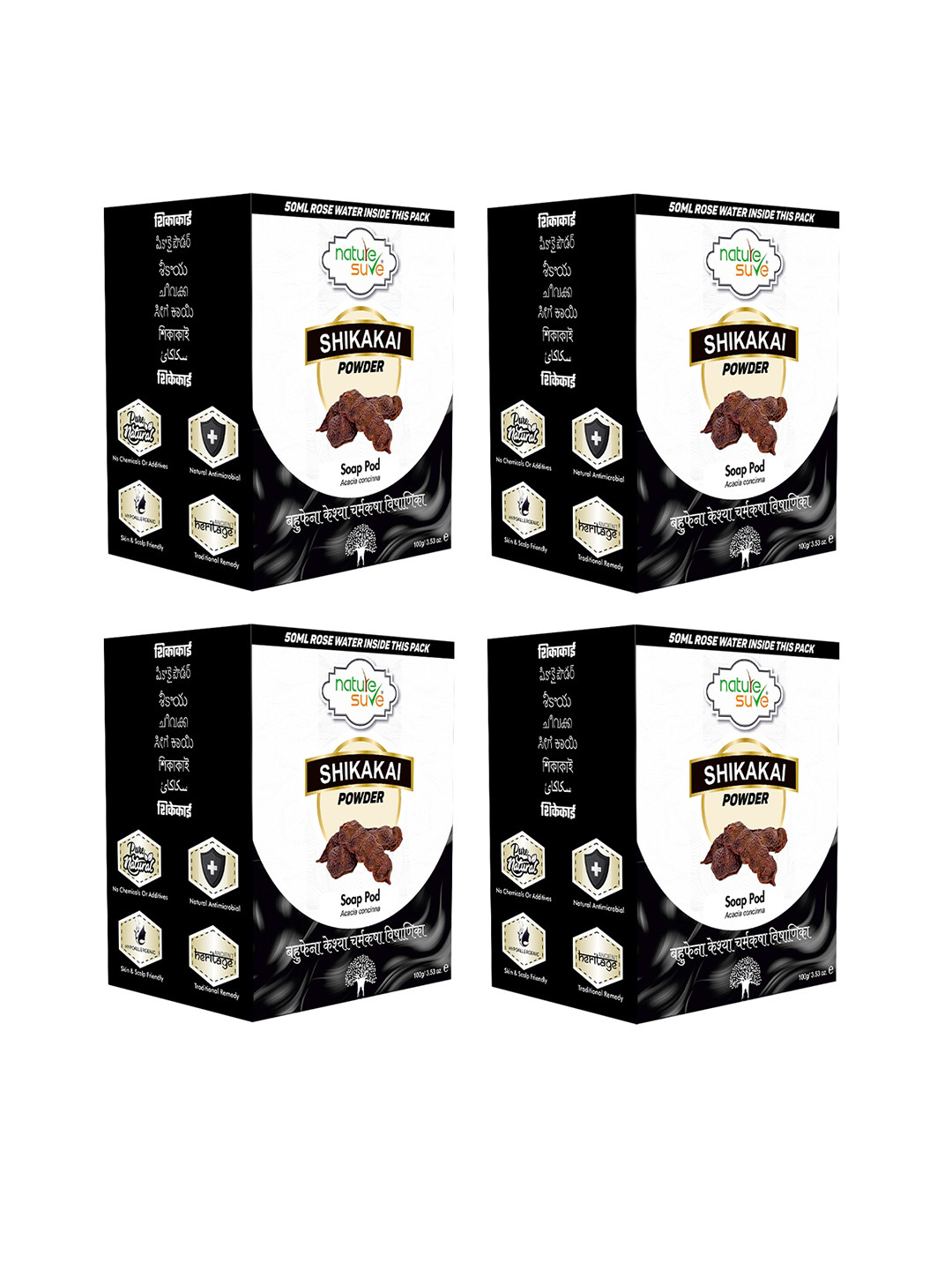 Nature Sure Set of 4 Shikakai Powder Soap Pod - 100g Each + Rose Water - 50ml