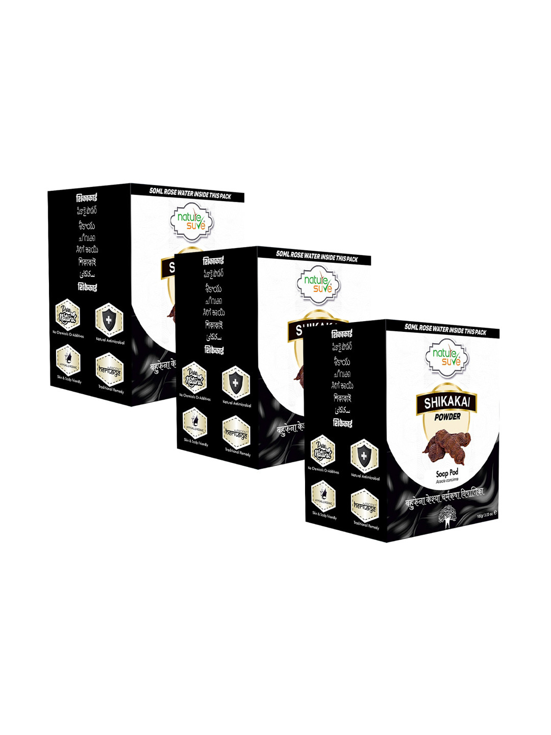 Nature Sure Pack of 3 Shikakai Powder 100g with Rose Water 50ml