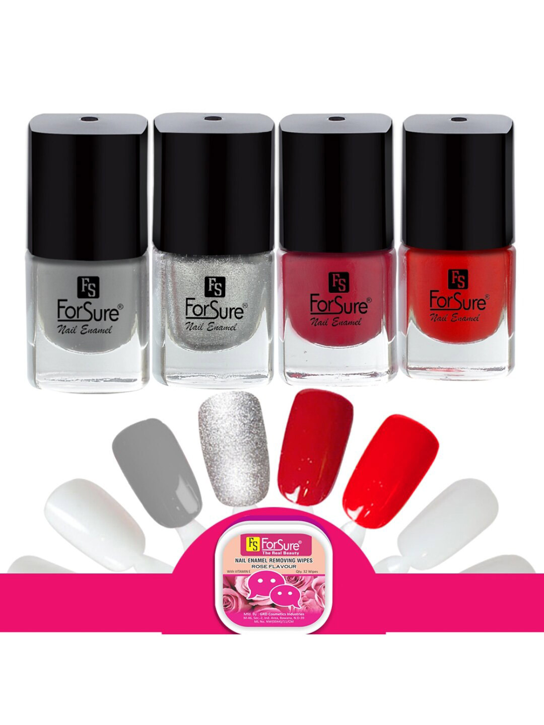 ForSure Trendy Set Of 4 Nail Polishes With Wipes-Silver-Red-Deep Red-Grey