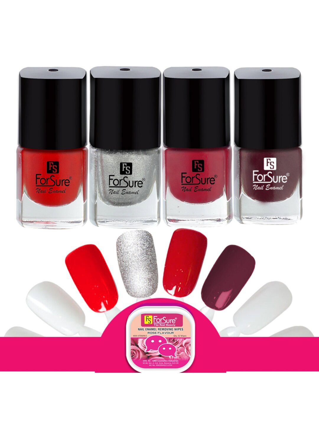 ForSure Trendy Set Of 4 Nail Polishes With Wipes-Silver-Red-Deep Red-Maroon