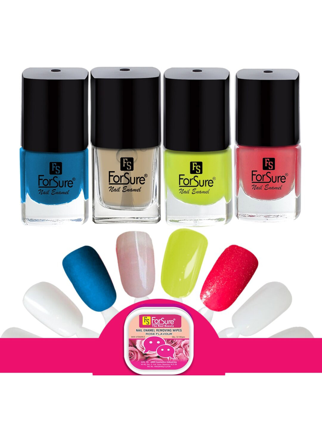 ForSure Trendy Set Of 4 Nail Polishes With Wipes-Light Pink-Neon-Blue-Basecoat