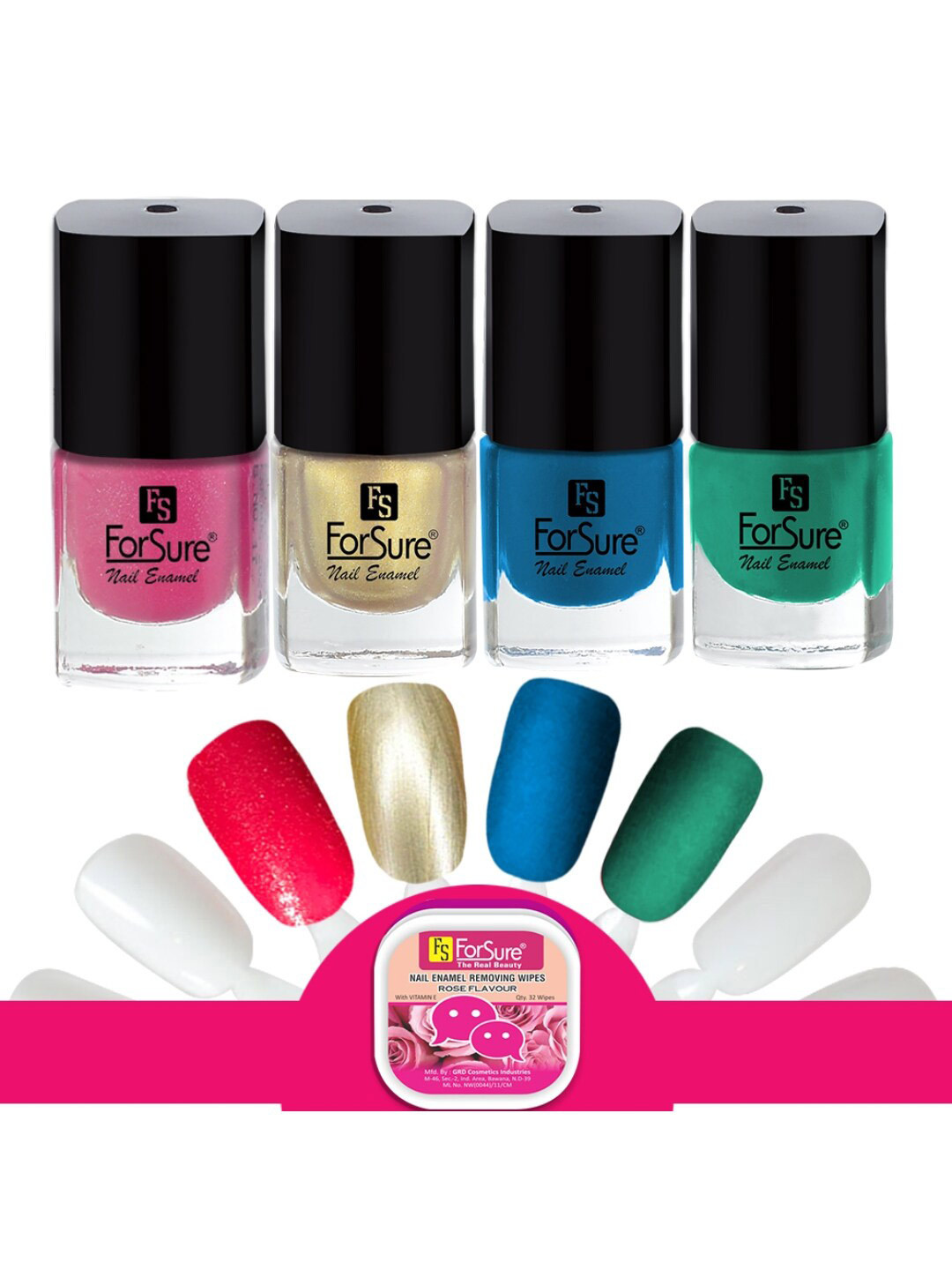ForSure Trendy Set Of 4 Nail Polishes With Wipes-Gold-Glitter Pink-Blue-Green