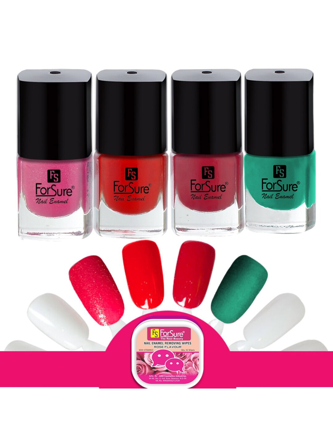 ForSure Trendy Set Of 4 Nail Polishes With Wipes-Red-Deep Red-Glitter Pink-Green