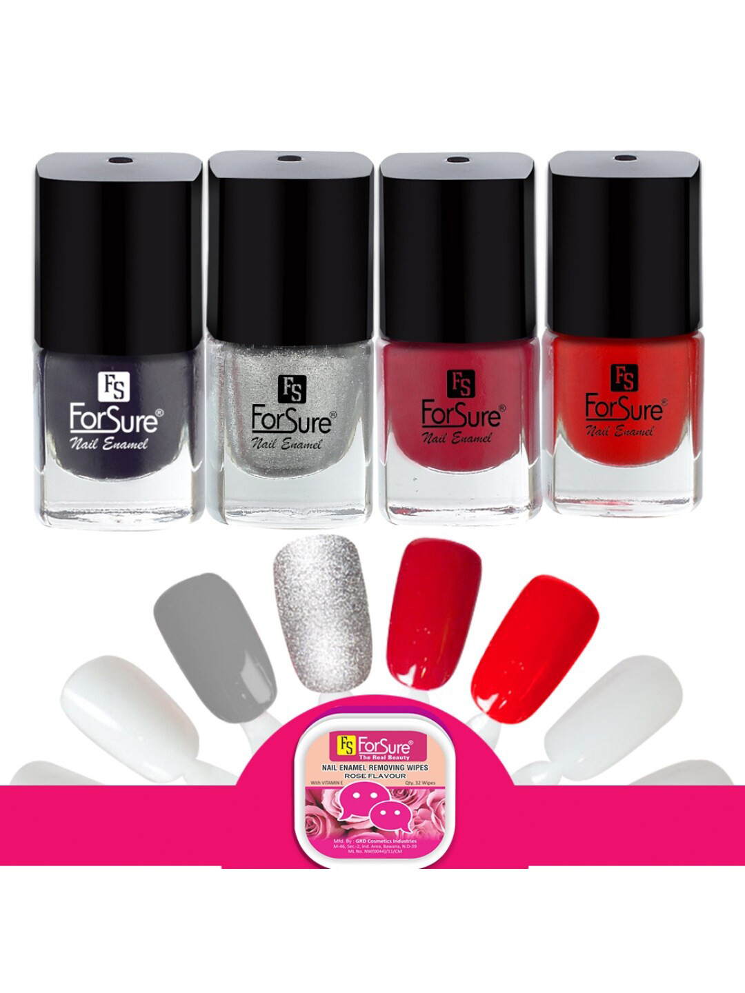 ForSure Trendy Set Of 4 Nail Polishes With Wipes-Silver-Red-Deep Red-Black