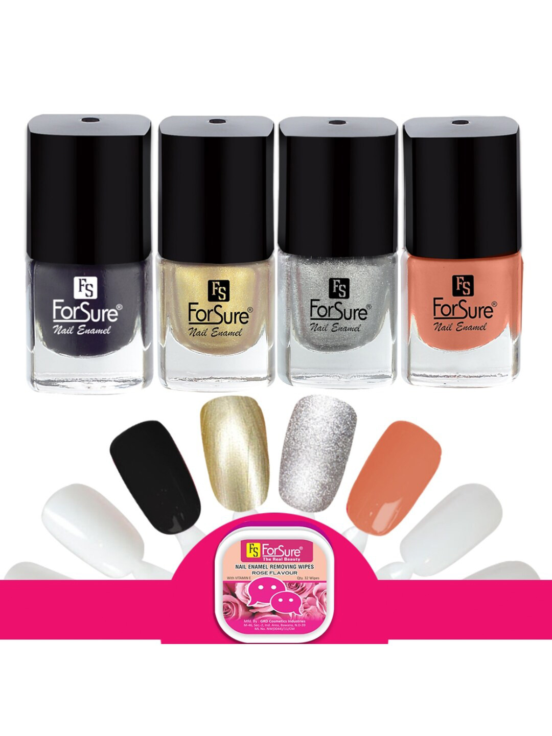 ForSure Trendy Set Of 4 Nail Polishes With Wipes-Nude-Gold-Silver-Black