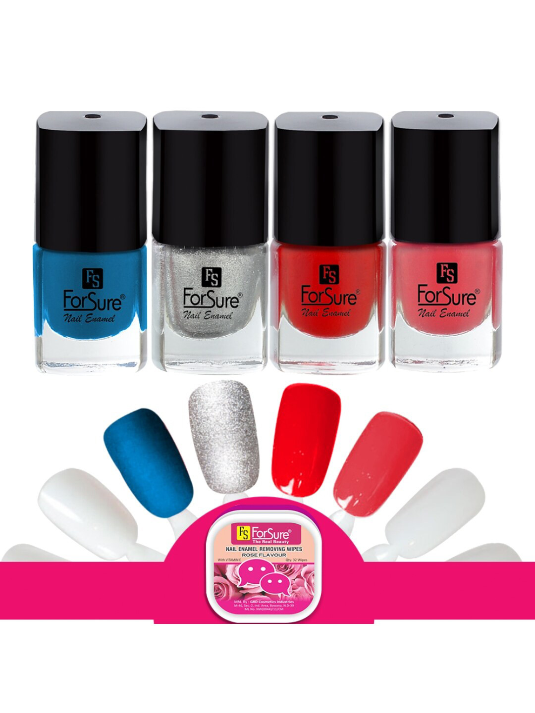 ForSure Trendy Set Of 4 Nail Polishes With Wipes-Silver-Blue-Deep Red-Light Pink