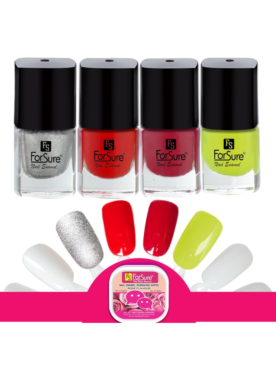 ForSure Trendy Set Of 4 Nail Polishes With Wipes - Silver-Red-Deep Red-Neon