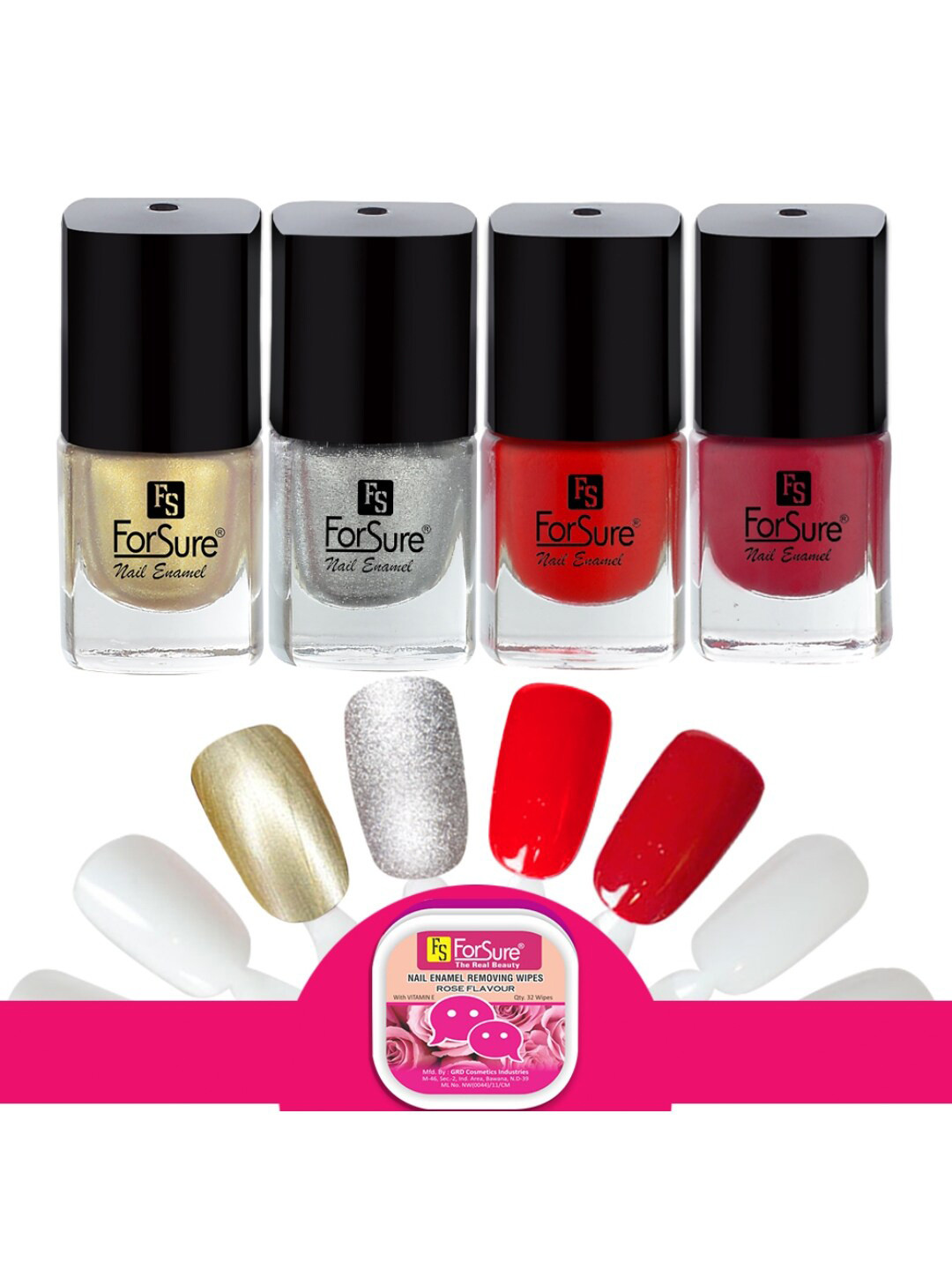 ForSure Trendy Set Of 4 Nail Polishes With Wipes-5ml Each- Gold - Silver - Red - Deep Red