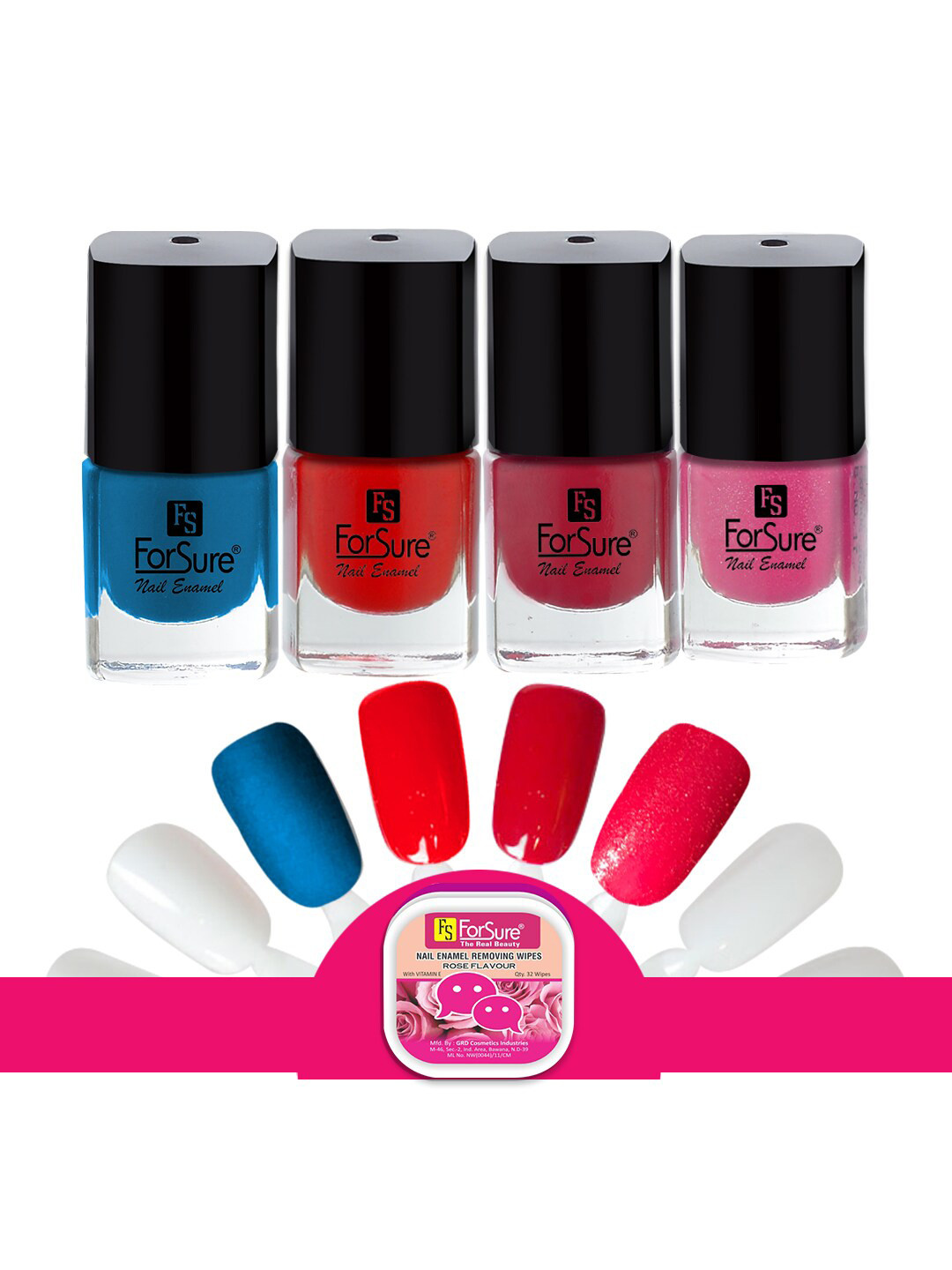 ForSure Trendy Set Of 4 Nail Polishes With Wipes-5ml Each-Red-Deep Red-Glitter Pink-Blue
