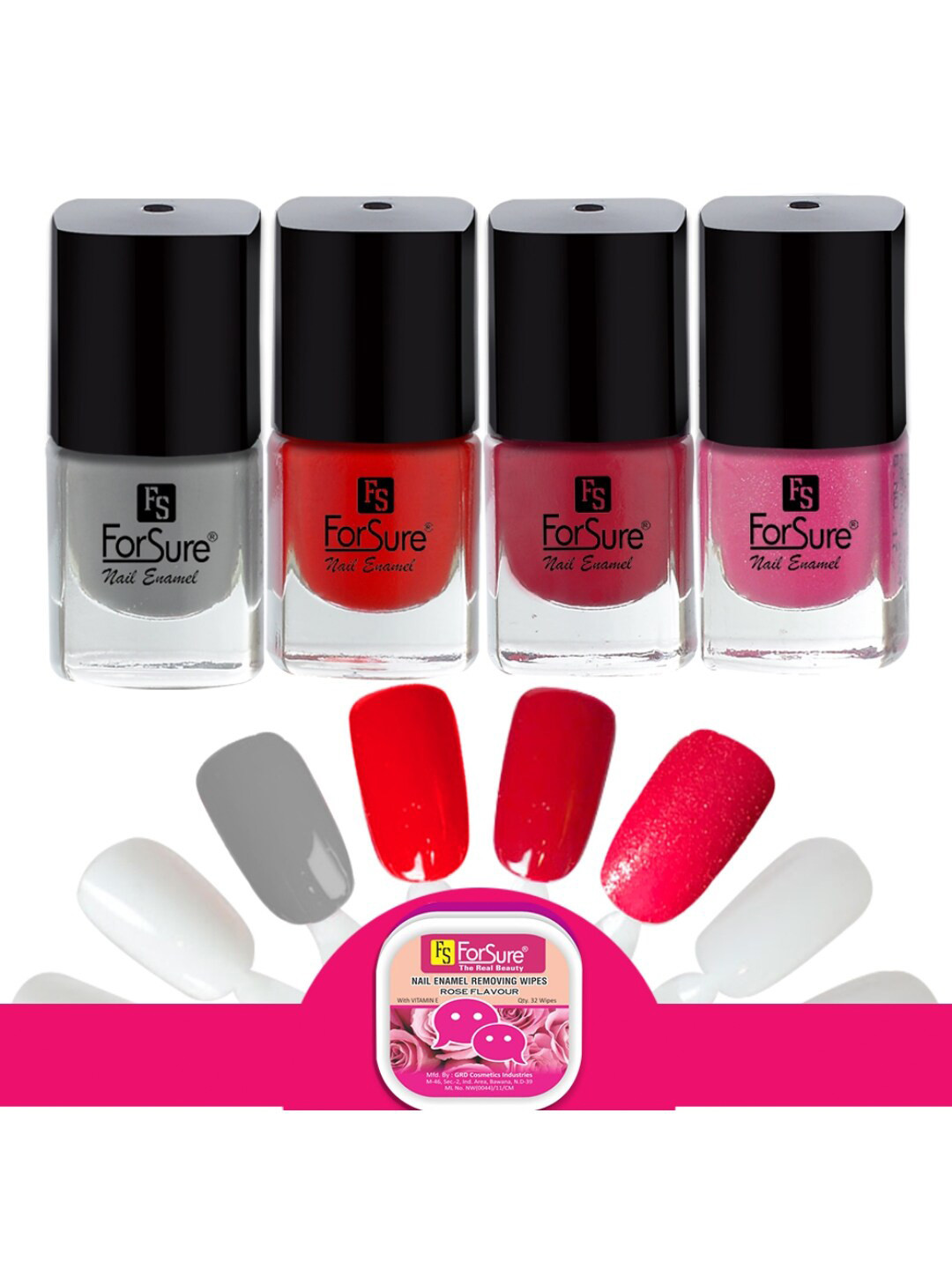 ForSure Trendy Set Of 4 Nail Polishes With Wipes -5ml Each-Red-Deep Red-Glitter Pink-Grey