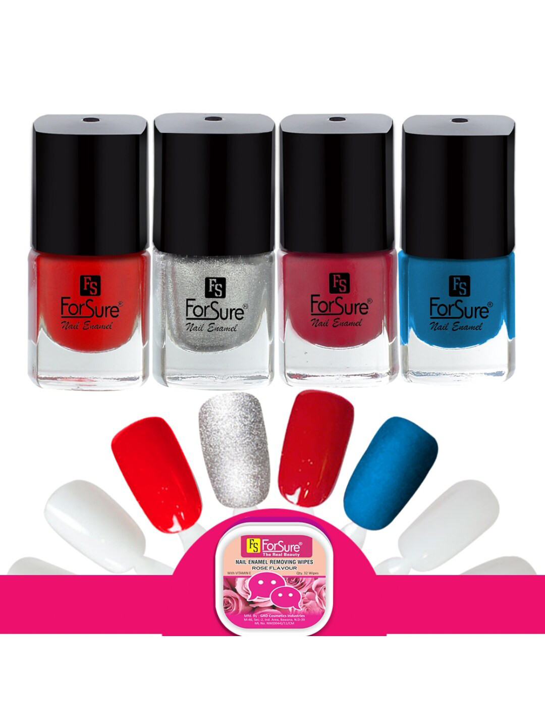 ForSure Trendy Set Of 4 Nail Polishes With Wipes-5ml Each- Silver-Red-Deep Red-Blue
