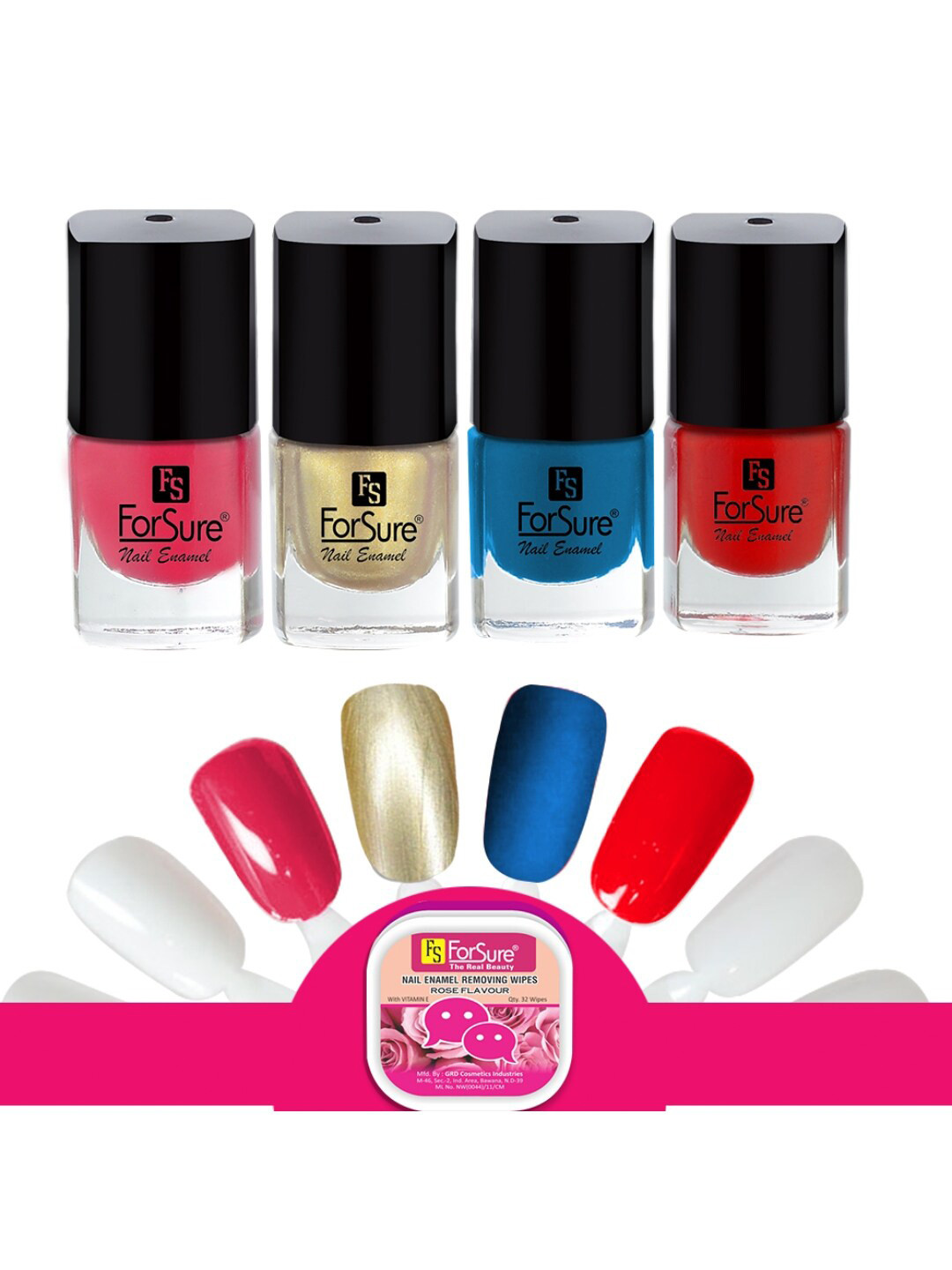 ForSure Trendy Set Of 4 Nail Polishes With Wipes-5ml Each- Pink-Gold-Deep Red-Blue