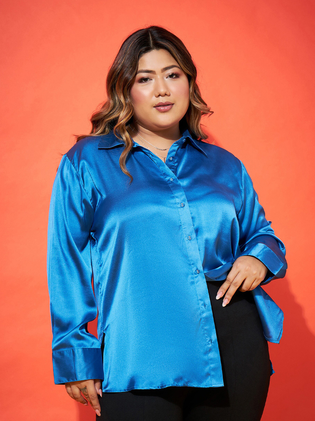 SASSAFRAS Curve Blue Spread Collar Opaque Satin Casual Regular Fit Shirt