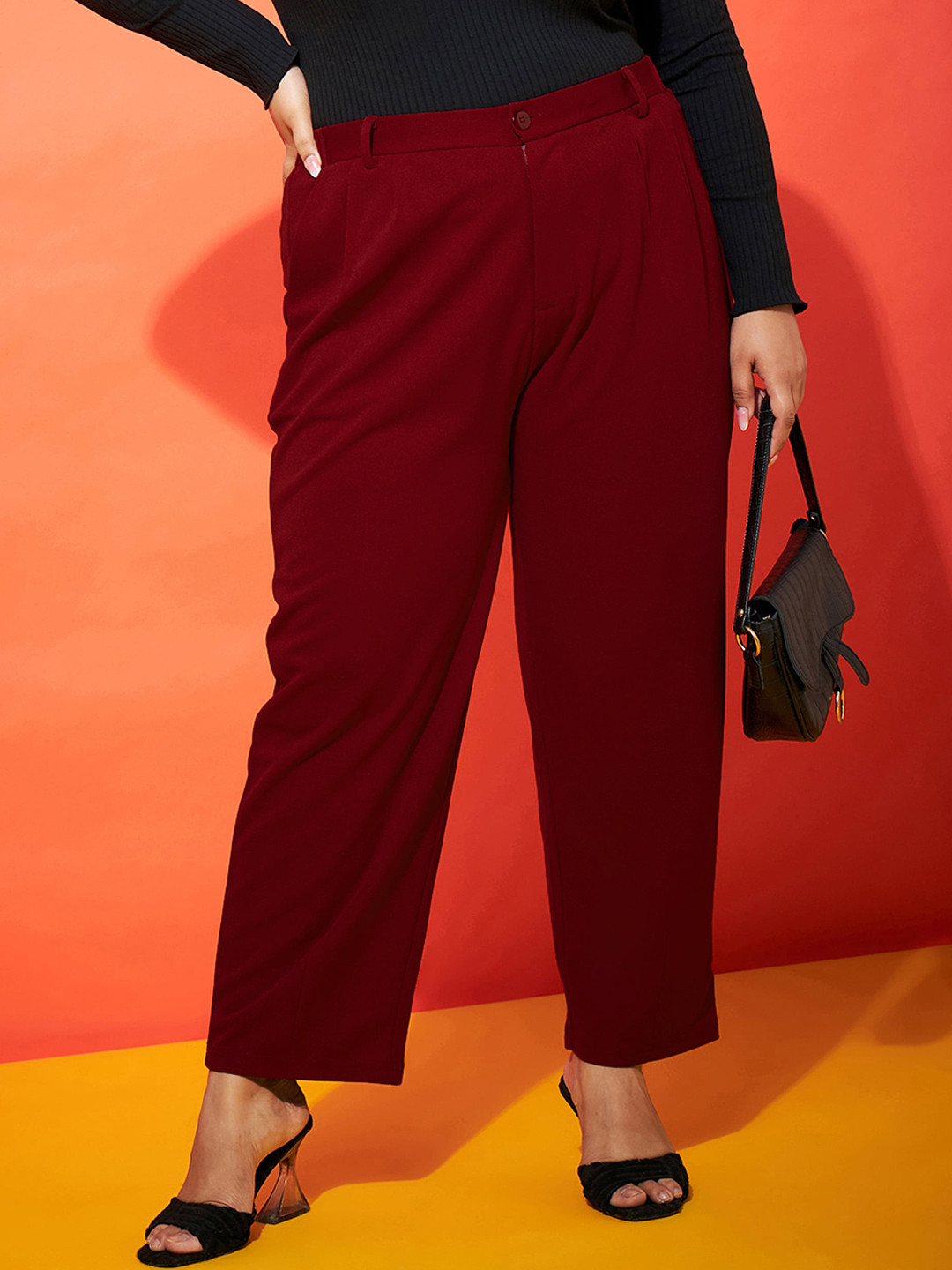 SASSAFRAS Curve Women Maroon Smart Mom Fit Parallel Wide Leg Trousers