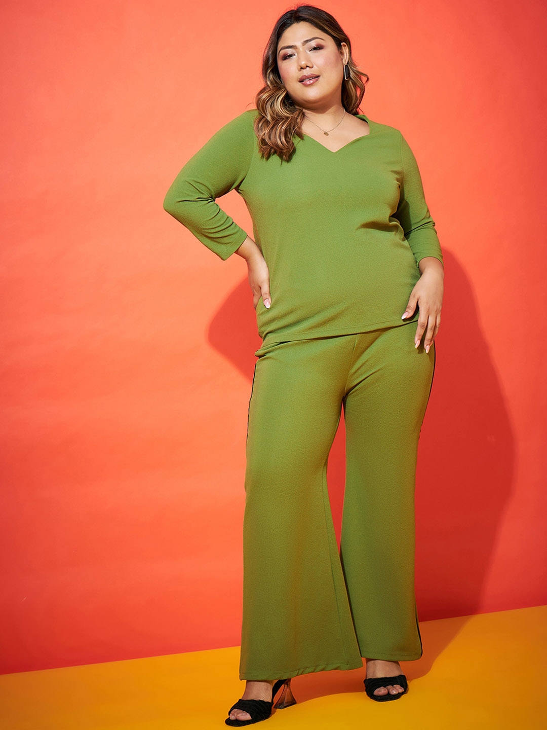 Buy SASSAFRAS Curve Green Plus Size Top With Straight Trousers