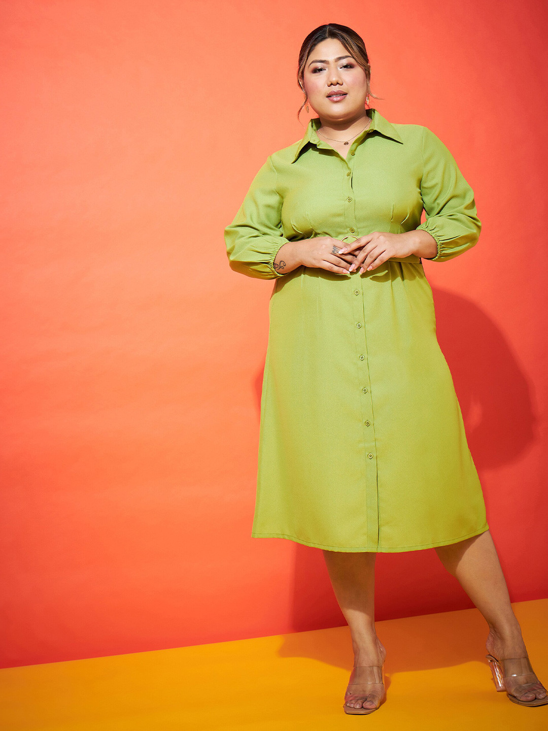 SASSAFRAS Curve Plus Size Green Shirt Collar Shirt Dress With Belt