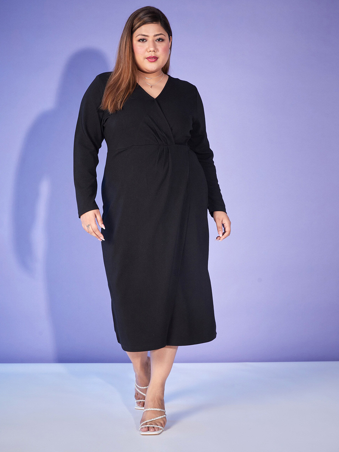 SASSAFRAS Curve Plus Size Black V-Neck Sheath Midi Dress