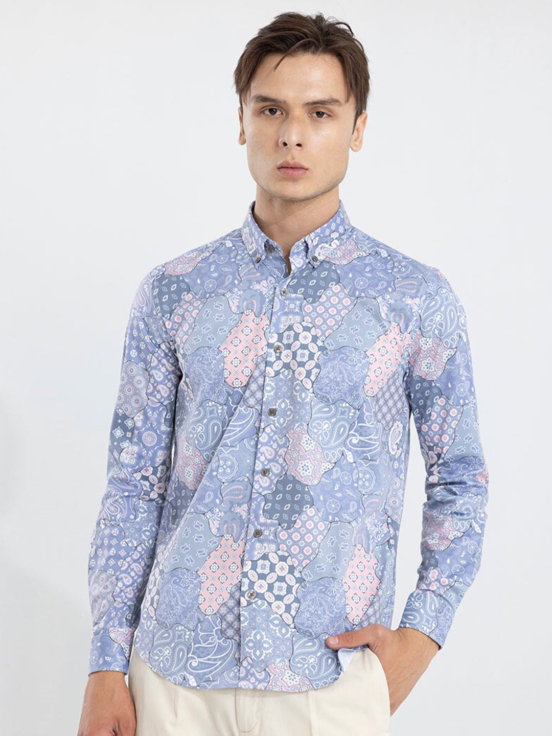 Snitch Blue Abstract Printed Button-Down Collar Classic Slim Fit Cotton Casual Shirt