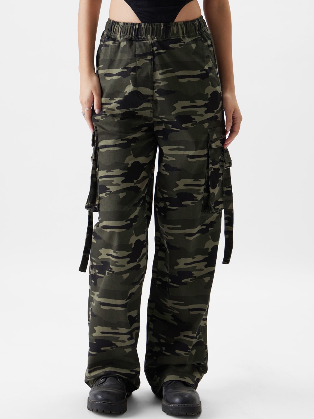 SHOWOFF Women Olive Camouflage Regular Fit Joggers Track Pant
