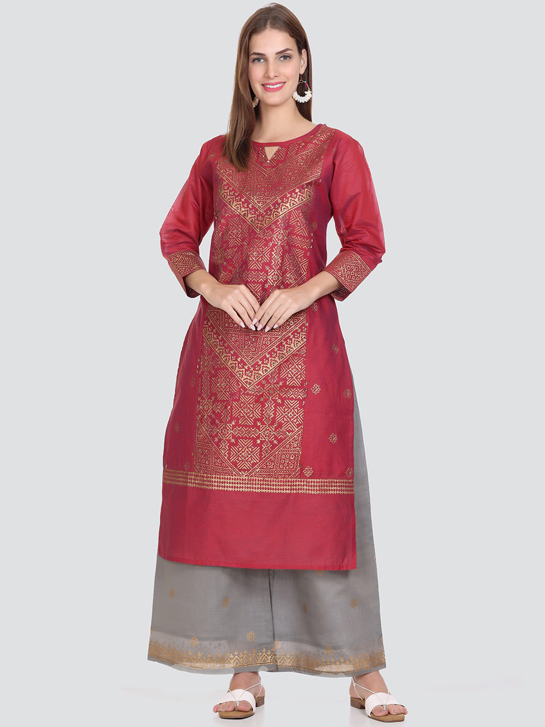 Elthia Key Hole Neck Ethnic Motif Printed Beads And Stones Pure Silk Kurta with Palazzos