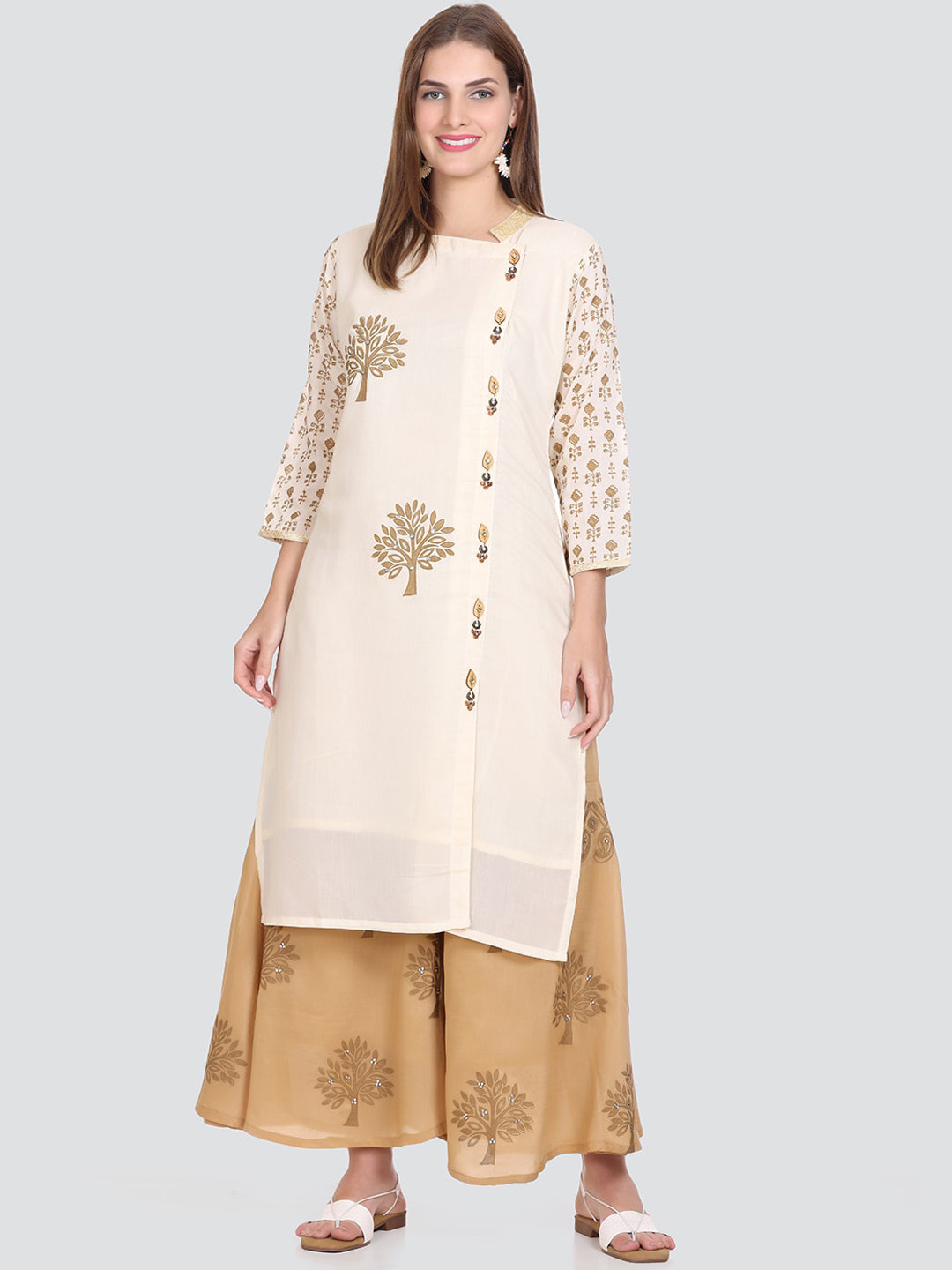 Elthia Ethnic Motifs Printed Band Collar Beads and Stones Pure Cotton Kurta With Palazzos