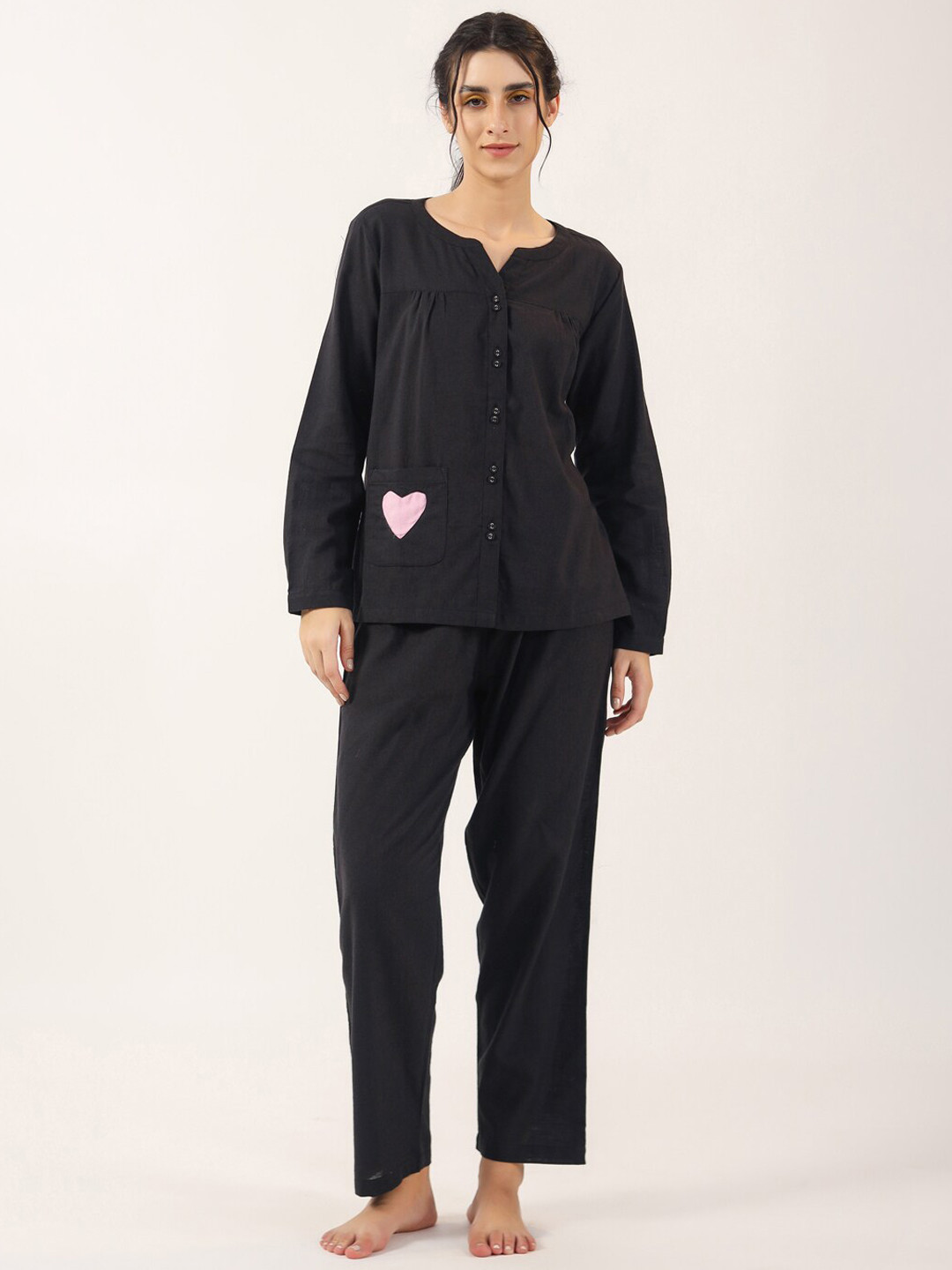 SANSKRUTIHOMES Black Round Neck Pure Cotton Nightsuit