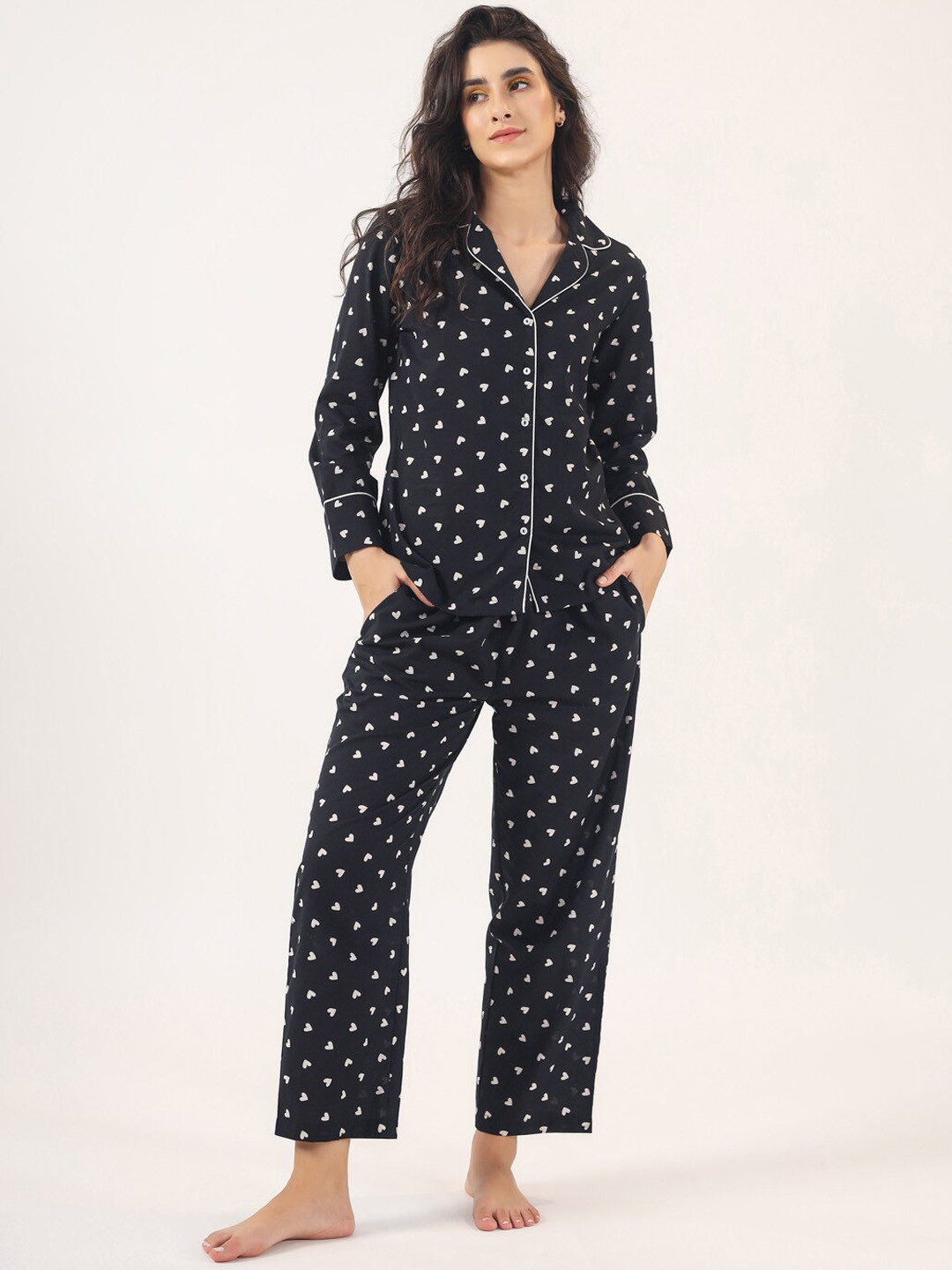 SANSKRUTIHOMES Black Conversational Printed Shirt Collar Pure Cotton Nightsuit
