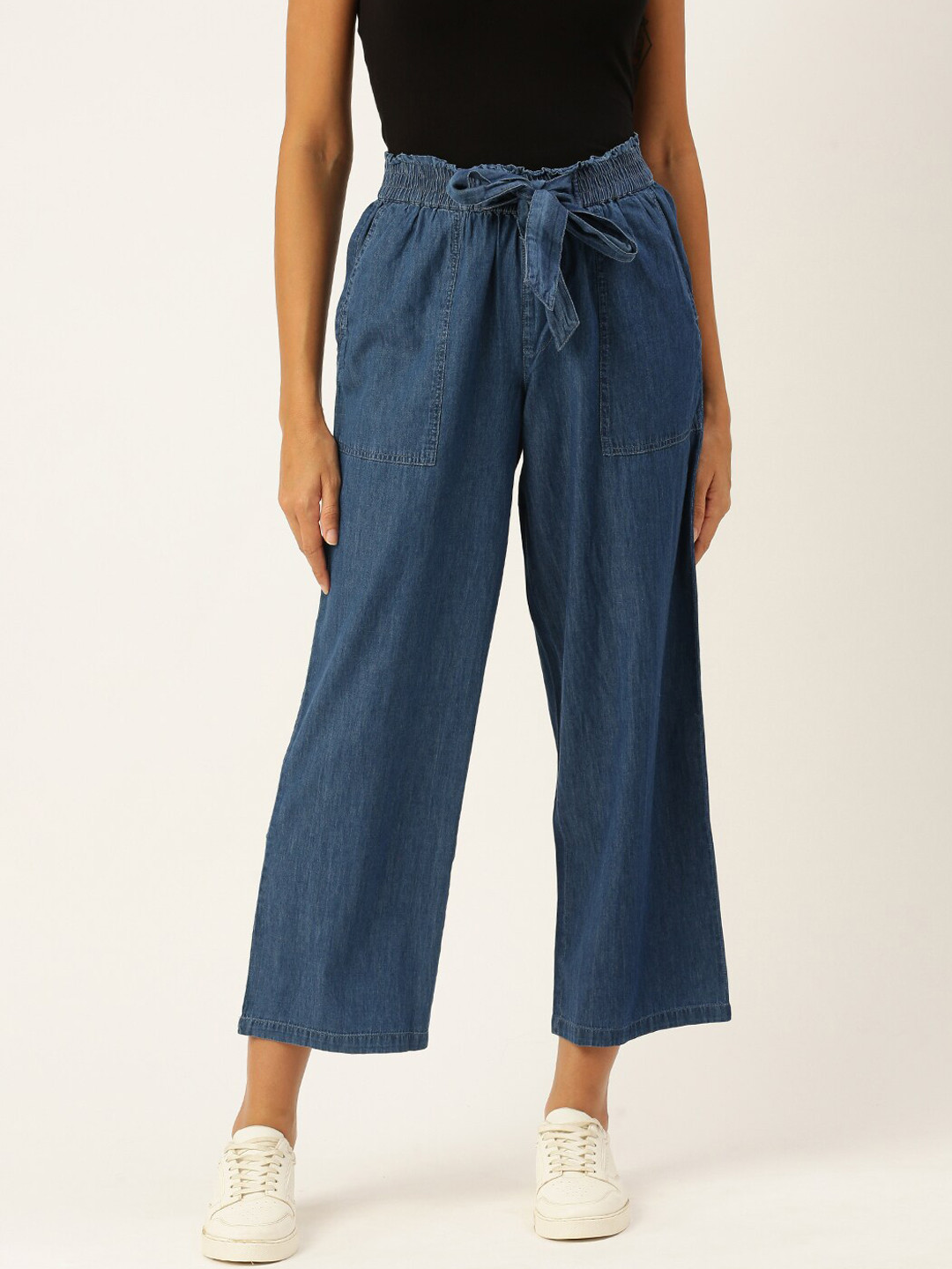 De Moza Women Cotton Denim Tie-up Paper bag Culottes with Pockets