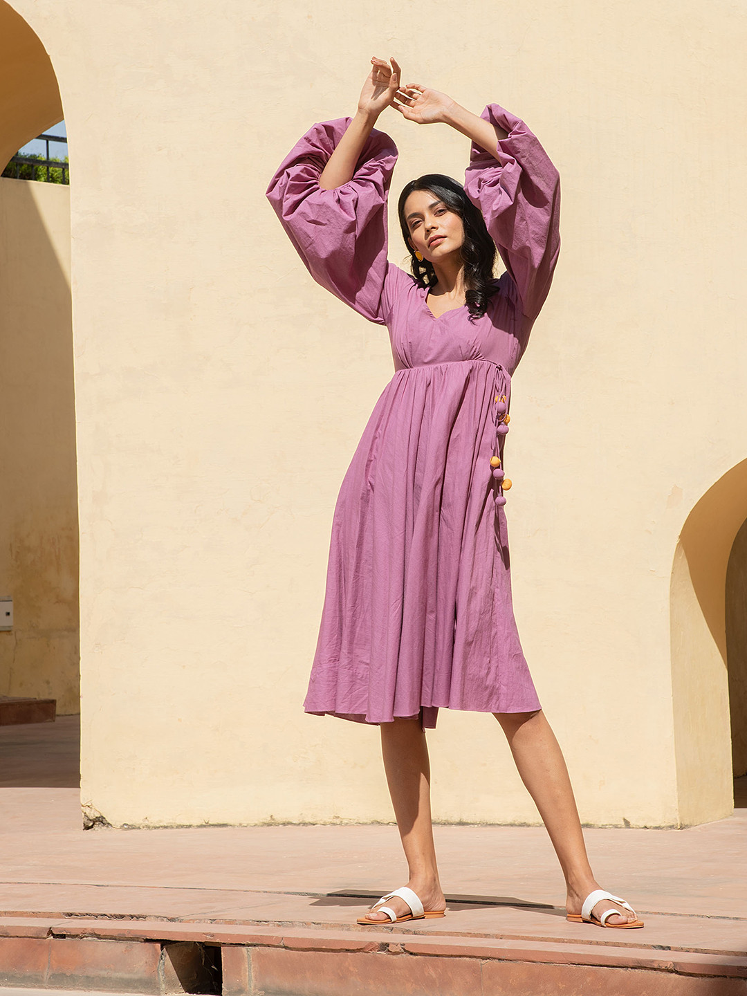 KAORI BY SHREYA AGARWAL V-Neck Puff Sleeve Fit & Flare Midi Dress