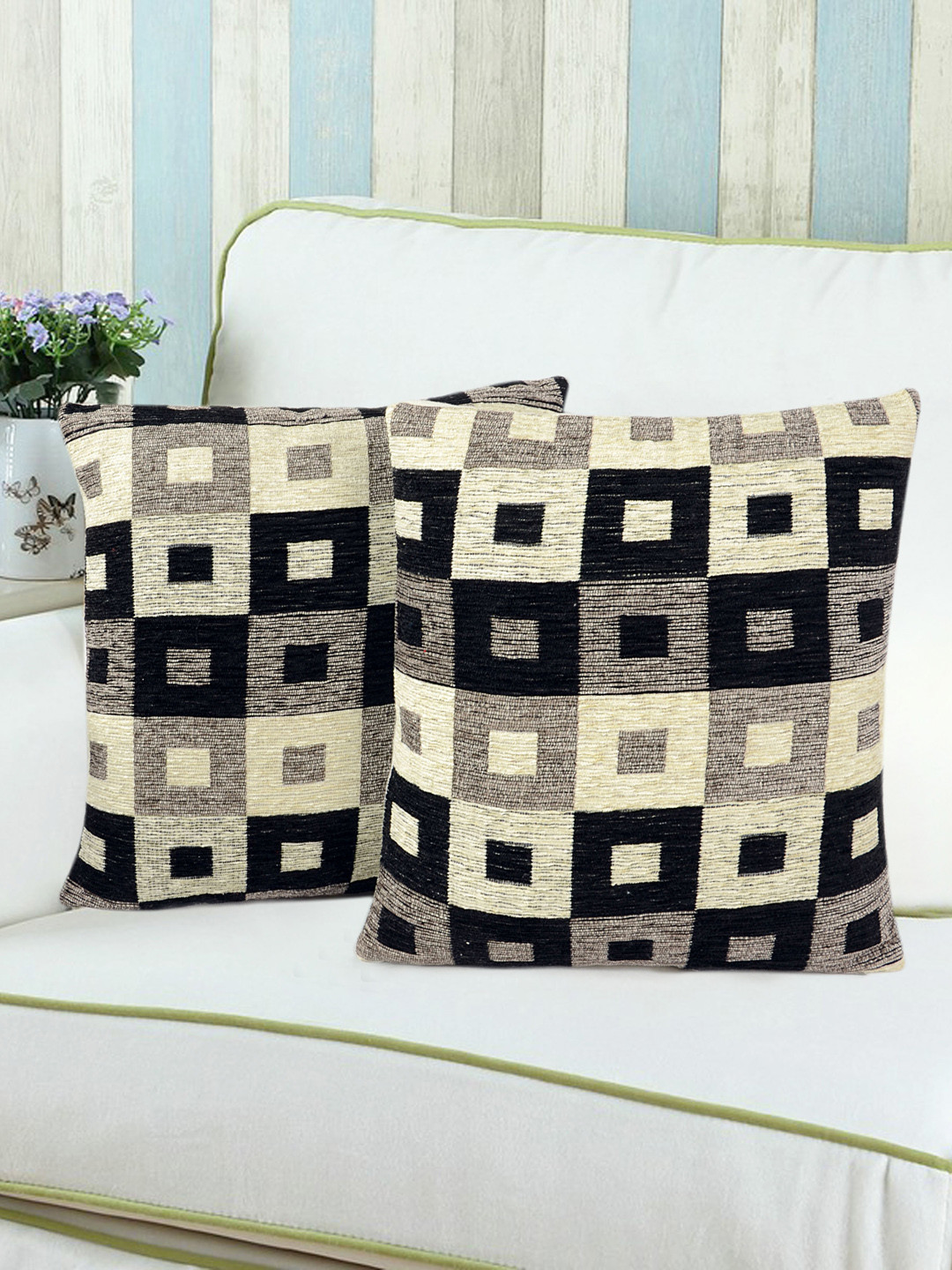 Saral Home Black & Grey Set of 2 Geometric Square Cushion Covers