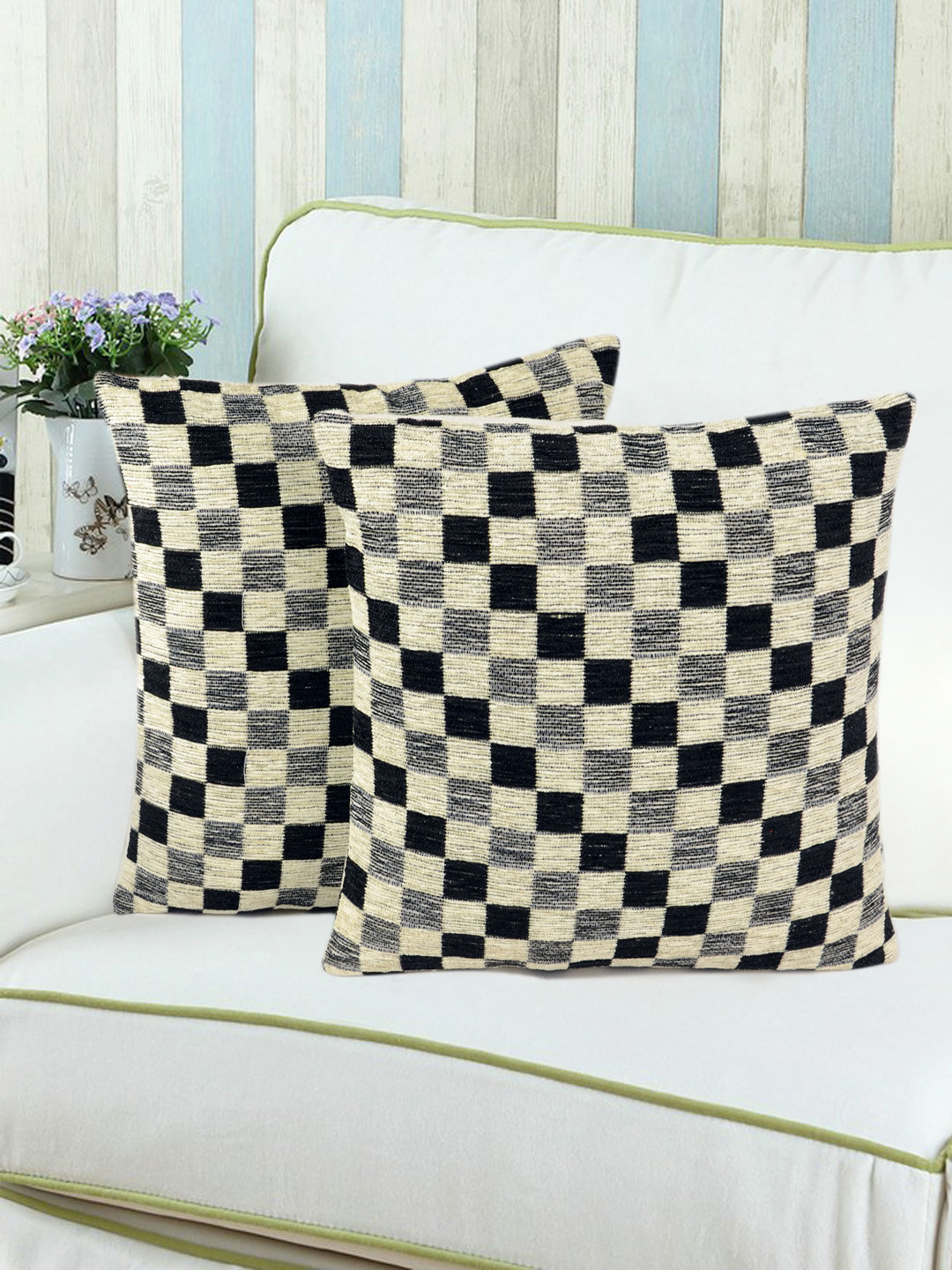 Saral Home Black Checked Chenille Washable 2 Piece Square Cushion Covers -16x16In