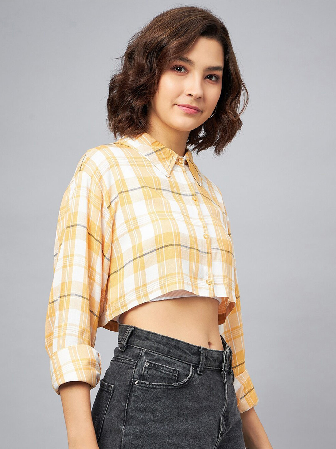 CHIMPAAANZEE Tartan Checked Boxy Cropped Casual Shirt