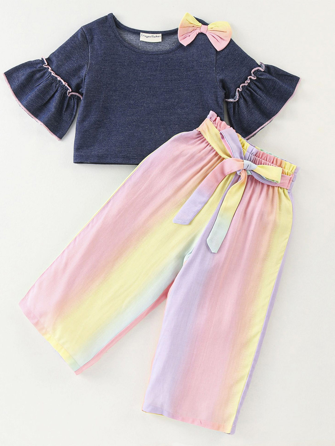 CrayonFlakes Girls Bow Detail Frilled Top with Palazzos