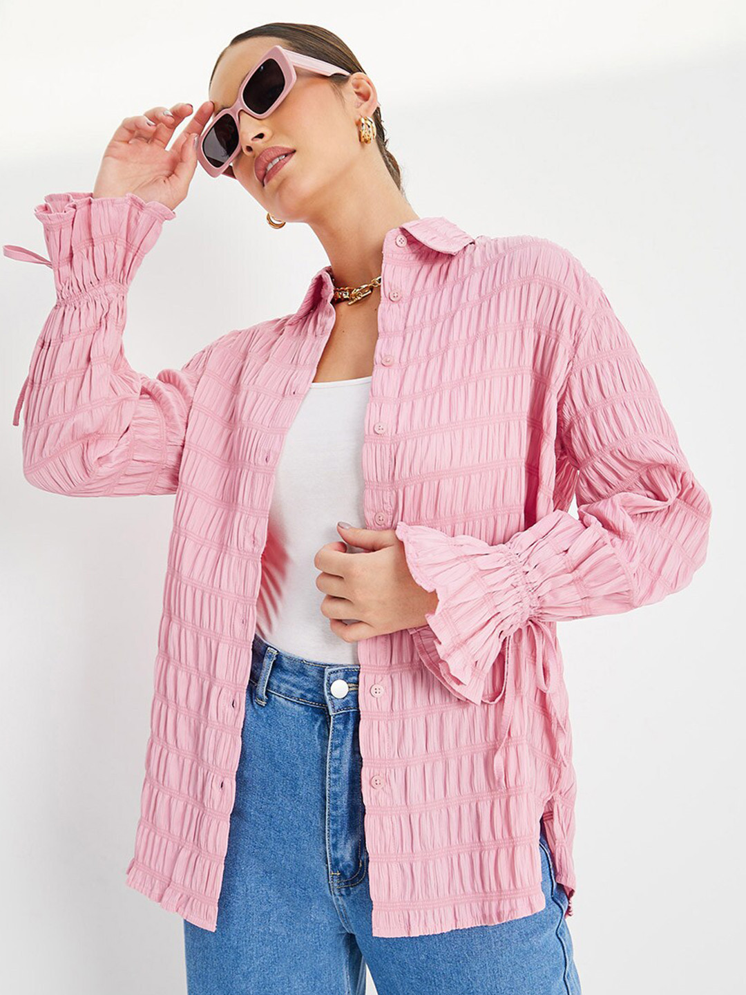 Styli Pink Textured Oversized Longline Shirt