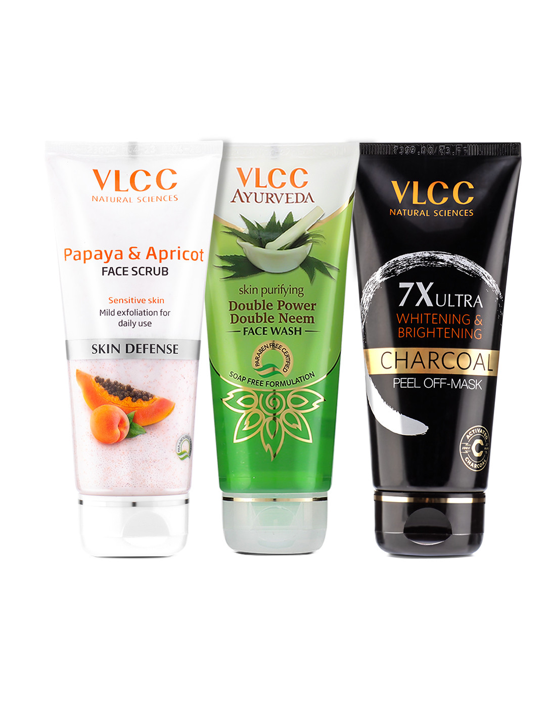 VLCC Neem Face Wash 100ml + Papaya & Apricot Face Scrub 80g + Charcoal Peel Off Mask 100g
