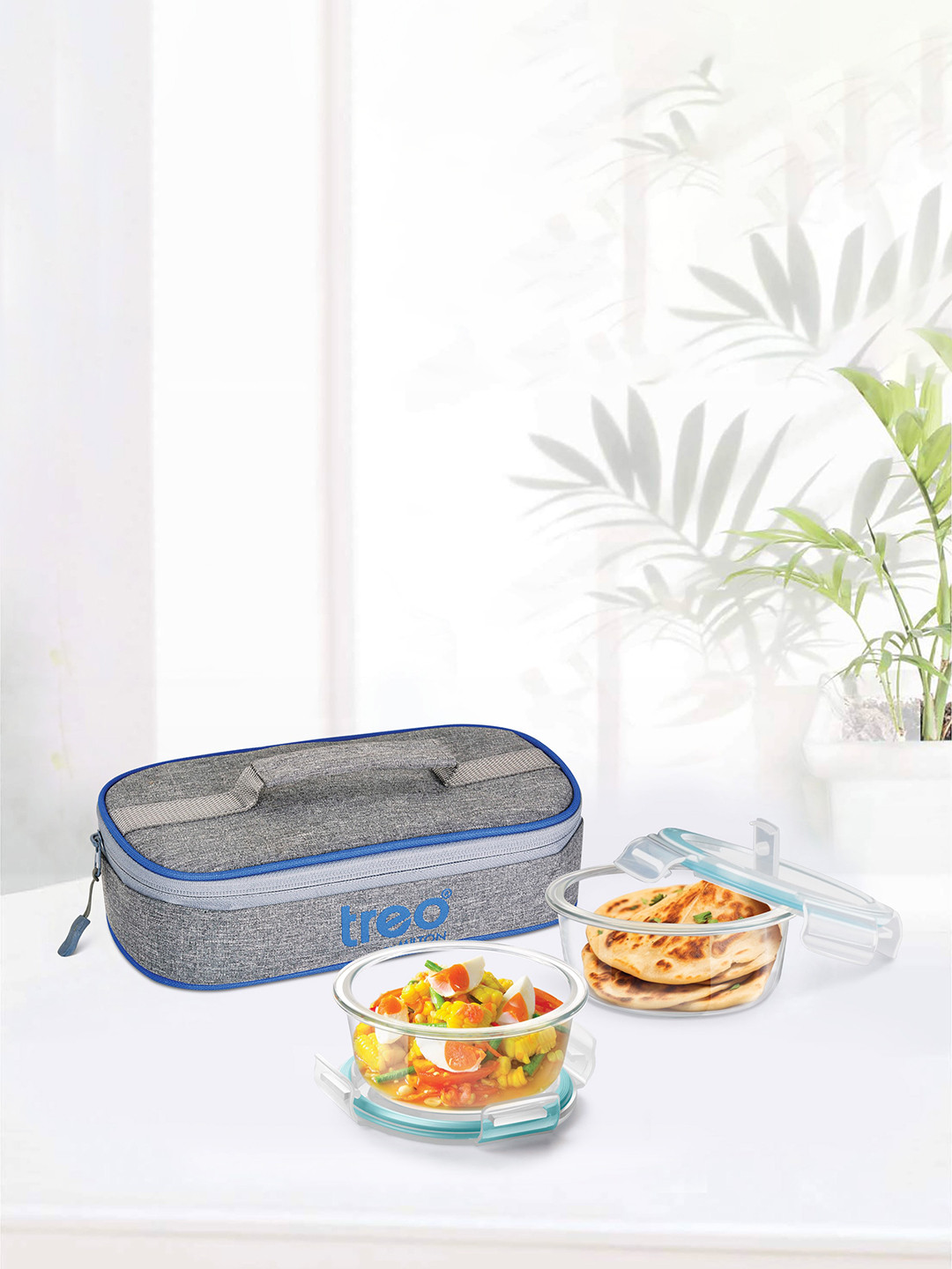 Treo All Fresh Set of 2 Round Glass Tiffin Containers With Insulated Jacket 400 ml