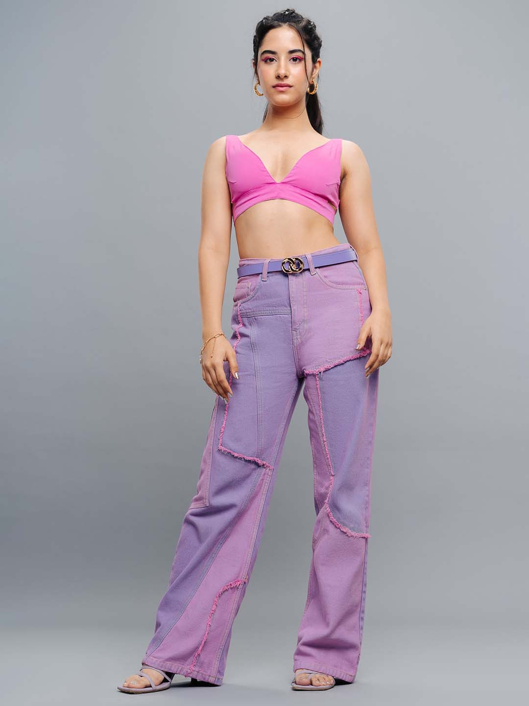 FREAKINS Women Pink Straight Fit Colourblocked Clean Look Jeans