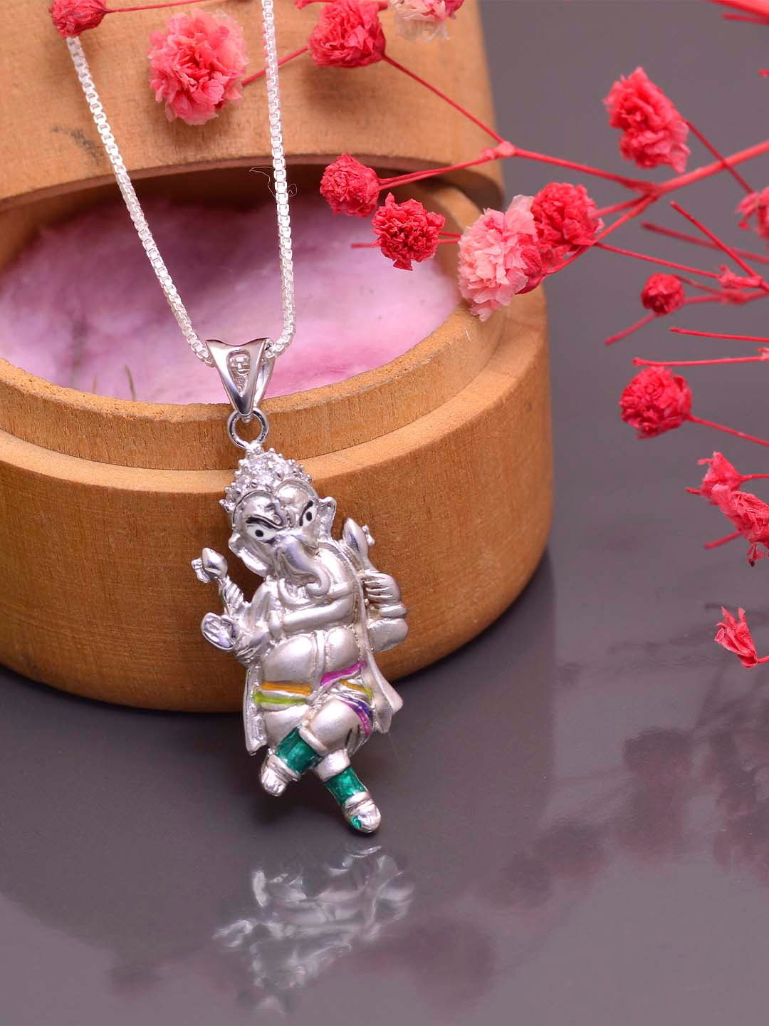 Abhooshan Unisex 925 Sterling Silver Ganesha Charm Pendant With Chain