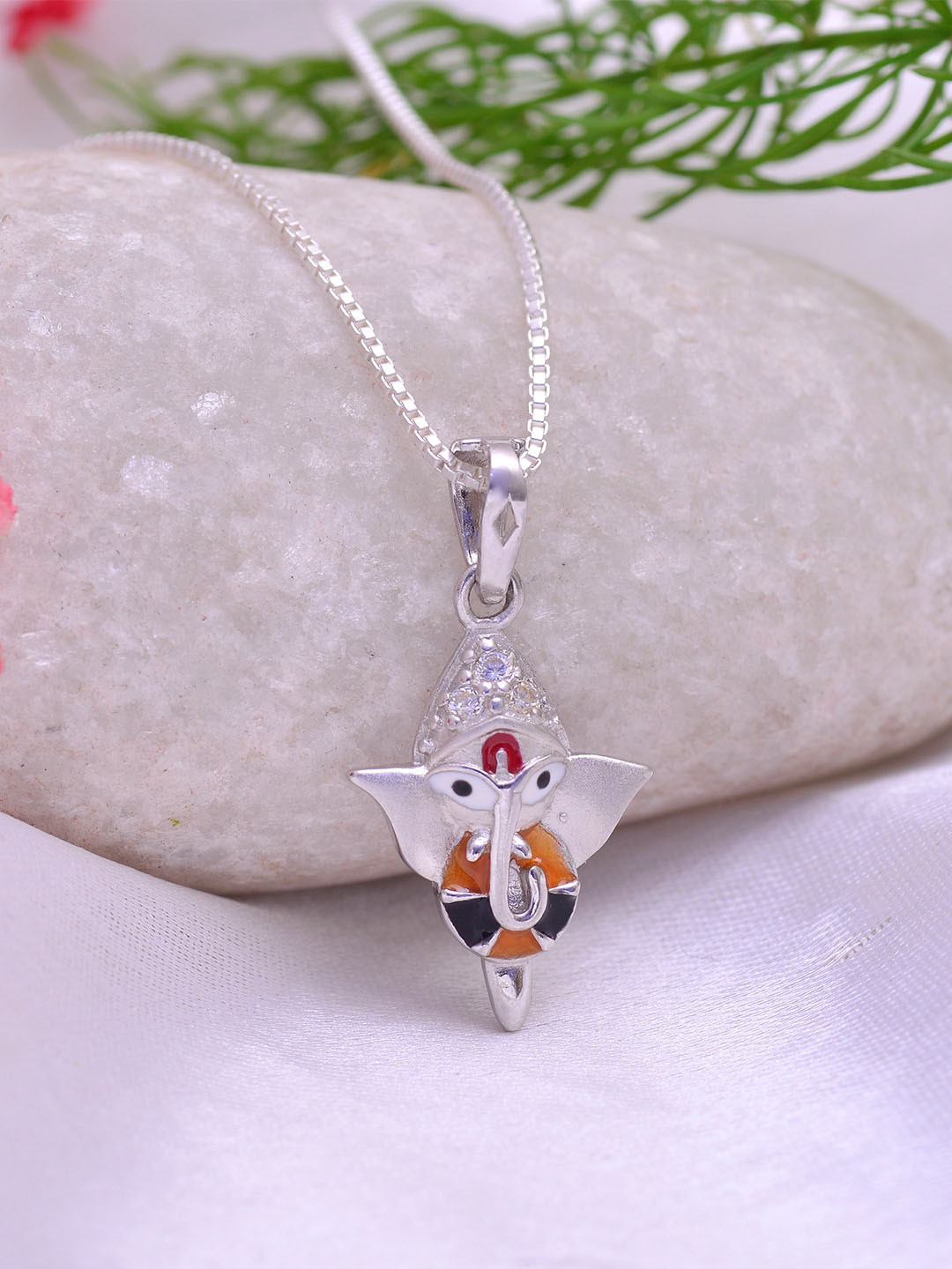 Abhooshan 925 Sterling Silver Enamel Ganesha Shaped Pendant With Chain