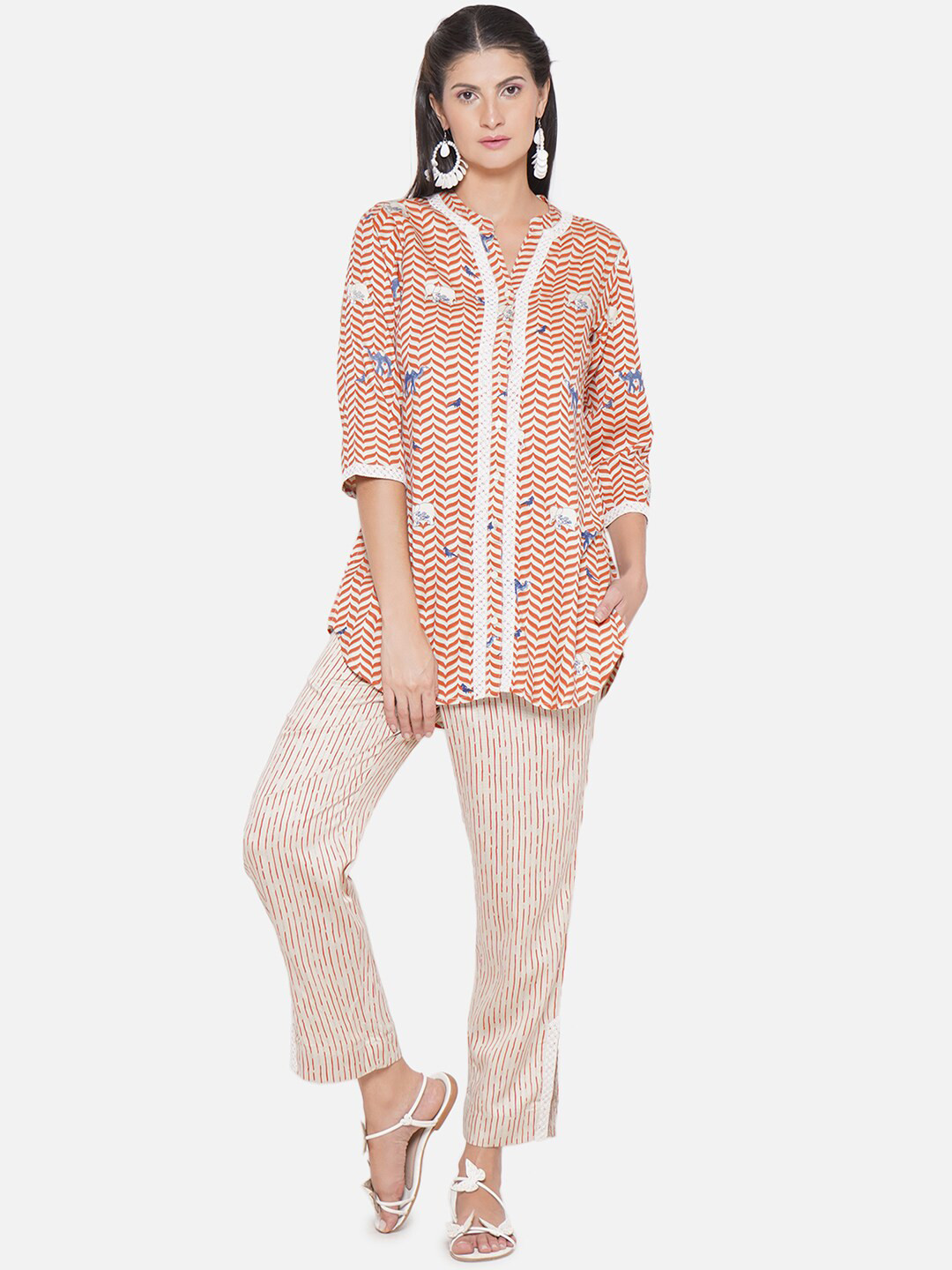 bellamia Chevron Printed Mandarin Collar Tunic With Trousers