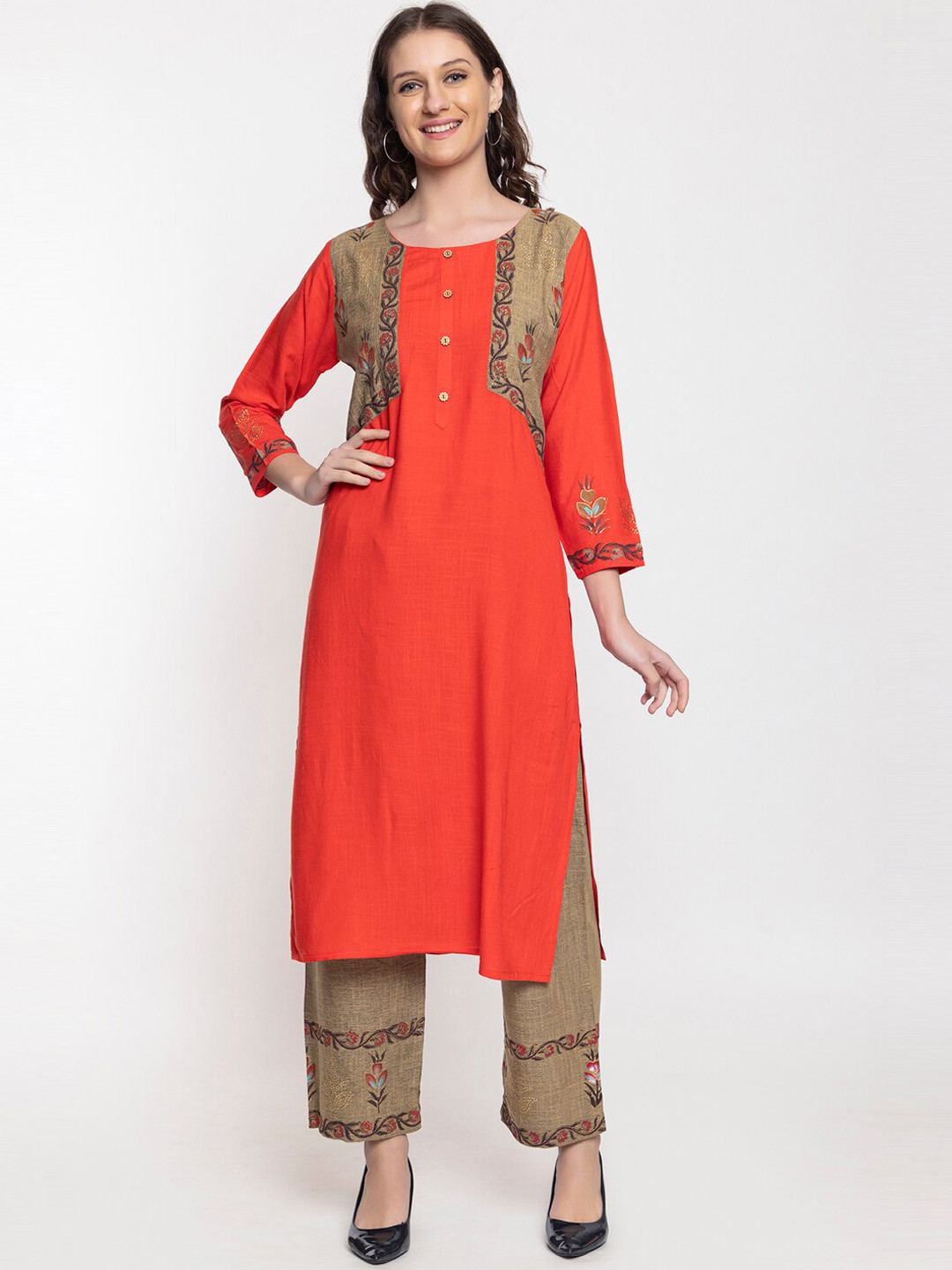 Elthia Floral Yoke Design Regular Pure Cotton Kurta with Palazzos