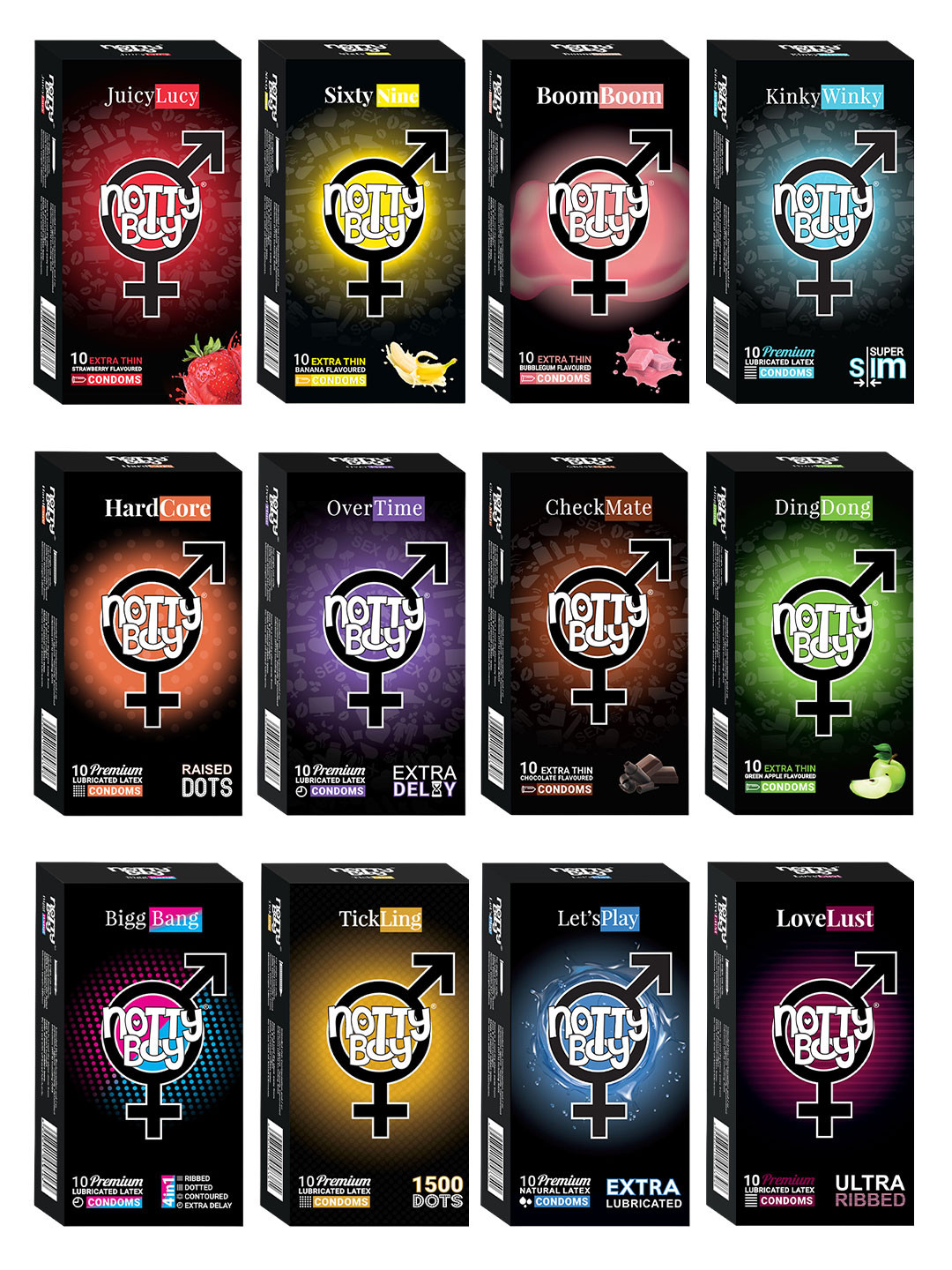 noTTy Boy Set Of 12 Dotted & Ribbed Lubricated Condoms - 10Pcs Each