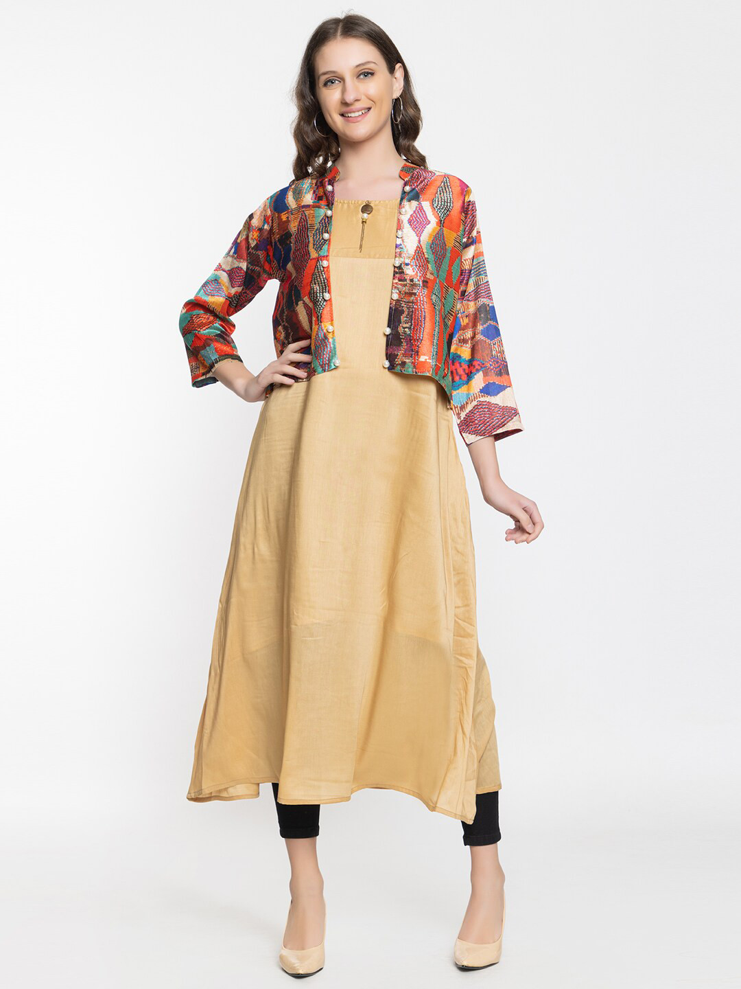 ELTHIA Colourblocked Mandarin Collar Silk Regular Kurta with Jacket