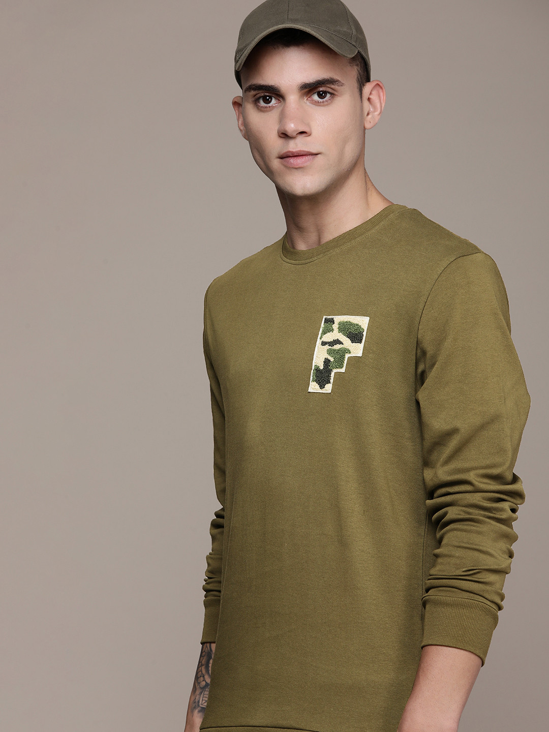 FORCE IX Men Pure Cotton Full Sleeves Applique Detail Solid Casual Sweatshirts