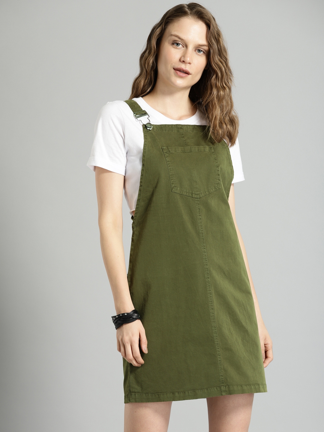 Roadster Women Olive Green Solid Pinafore Dress