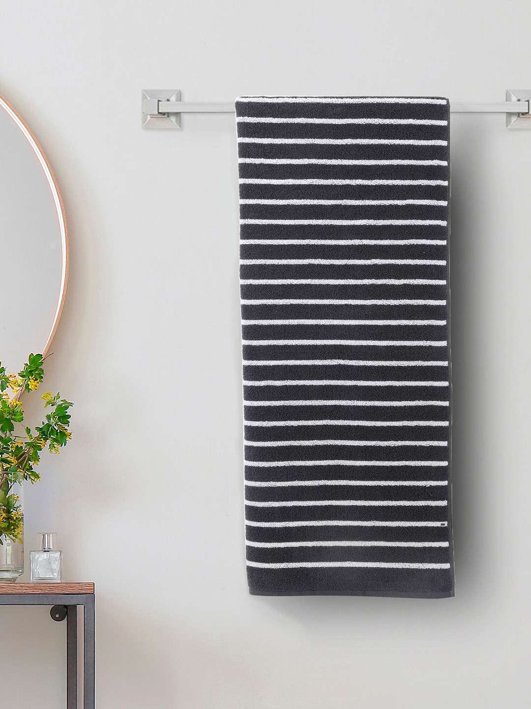 Home Centre Grey 150 GSM Cotton Striped Bath Towel
