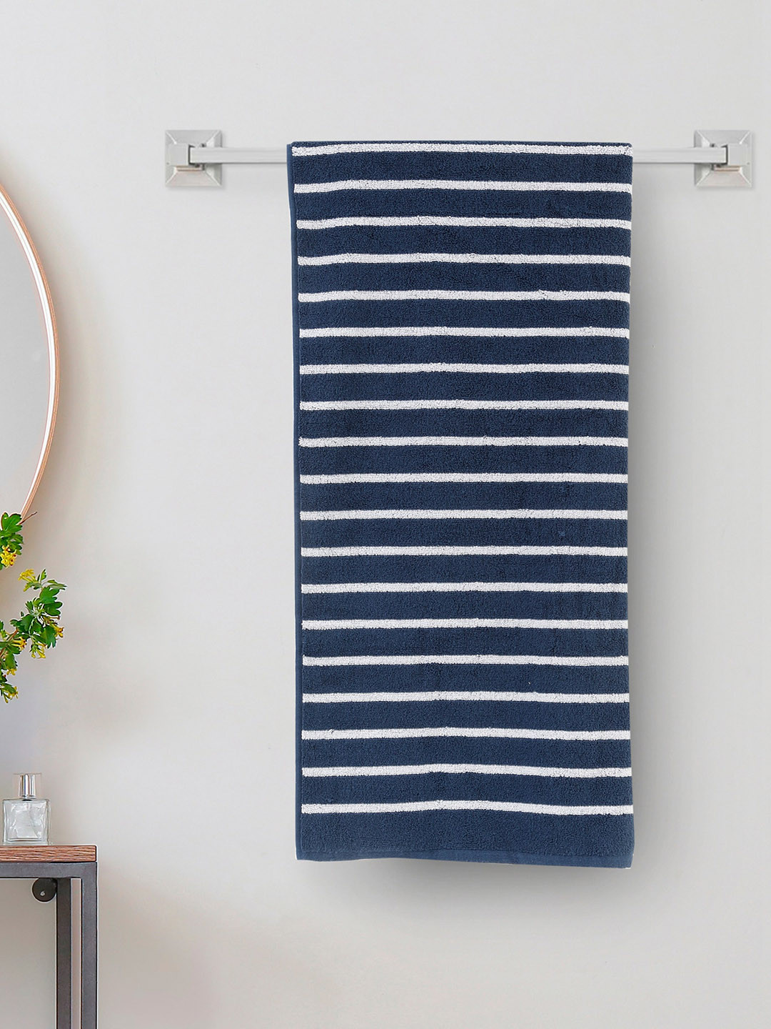 Home Centre Color Refresh Blue & White Striped 150 GSM Cotton Bath Towel