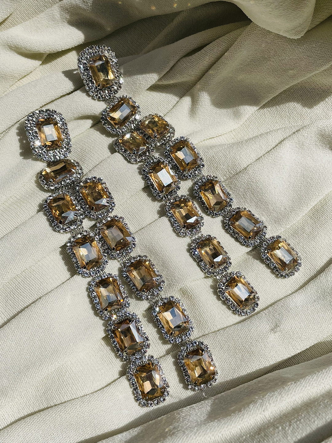 ISHKAARA Rhodium Plated CZ Studded Drop Earrings