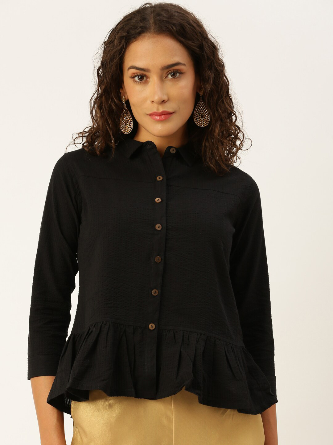 De Moza Shirt Collar Cotton Peplum Top