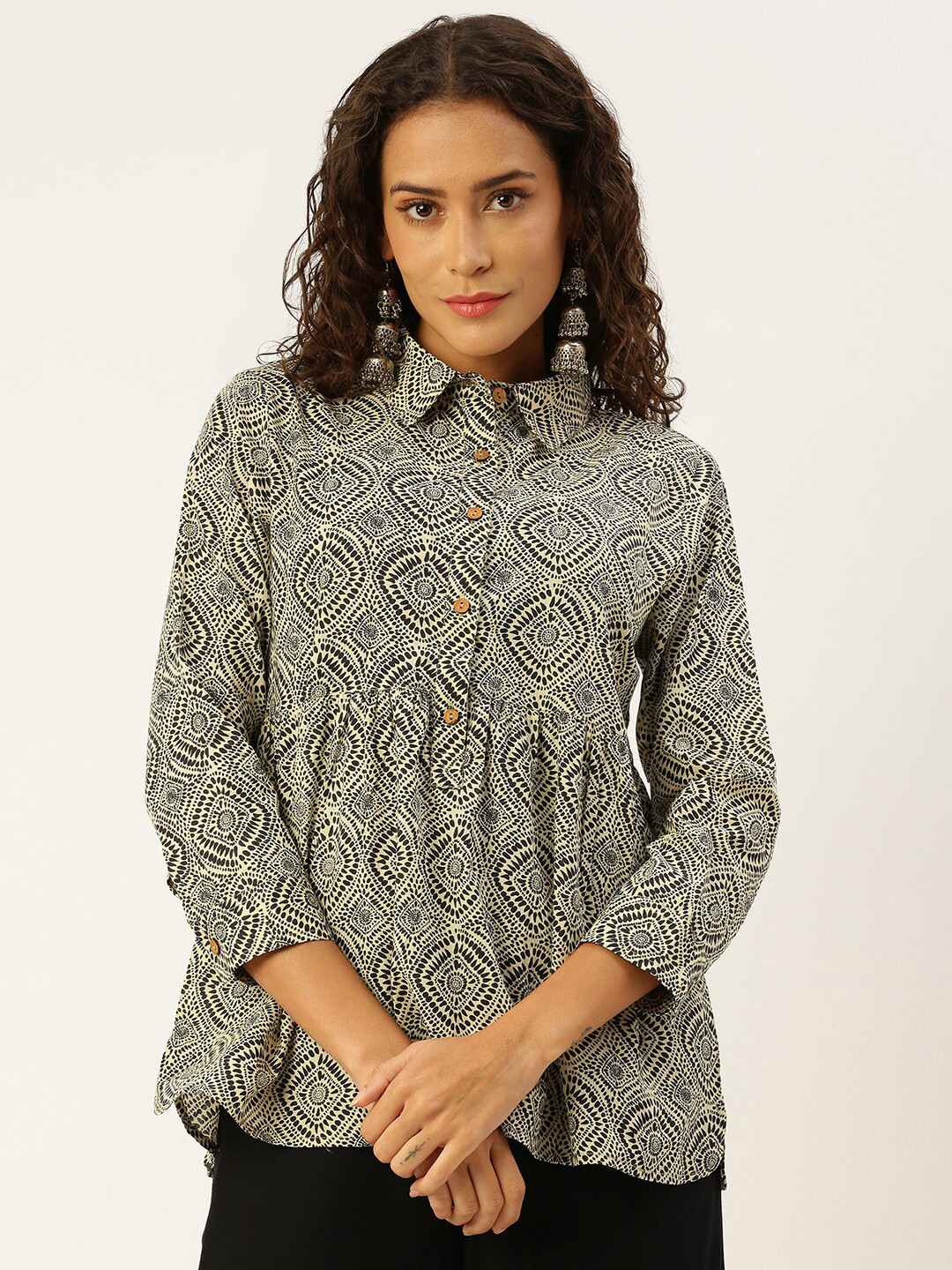 De Moza Printed Shirt Collar Cotton Tunic